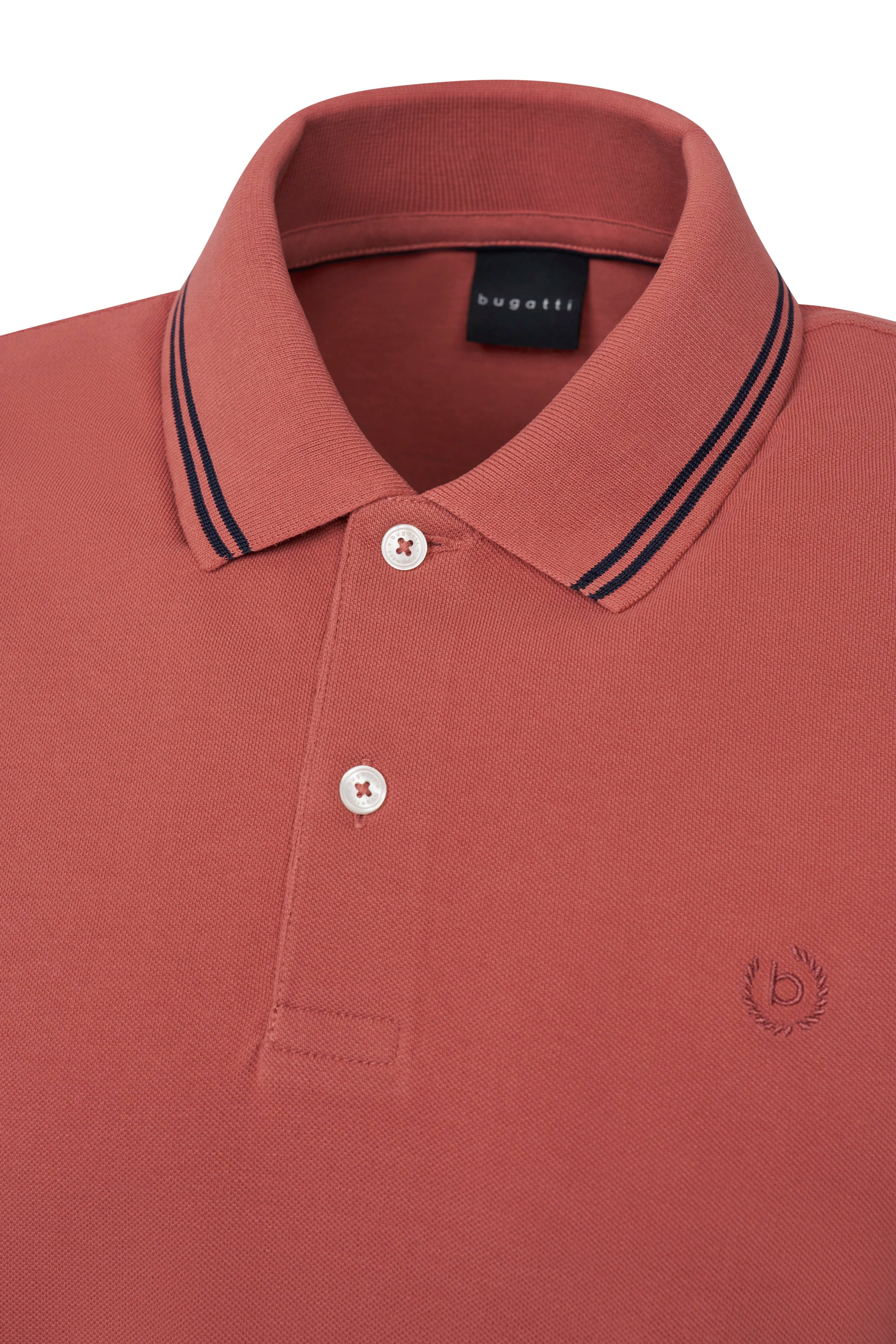 bugatti rust red polo shirt, classic button placket, model in relaxed pose.