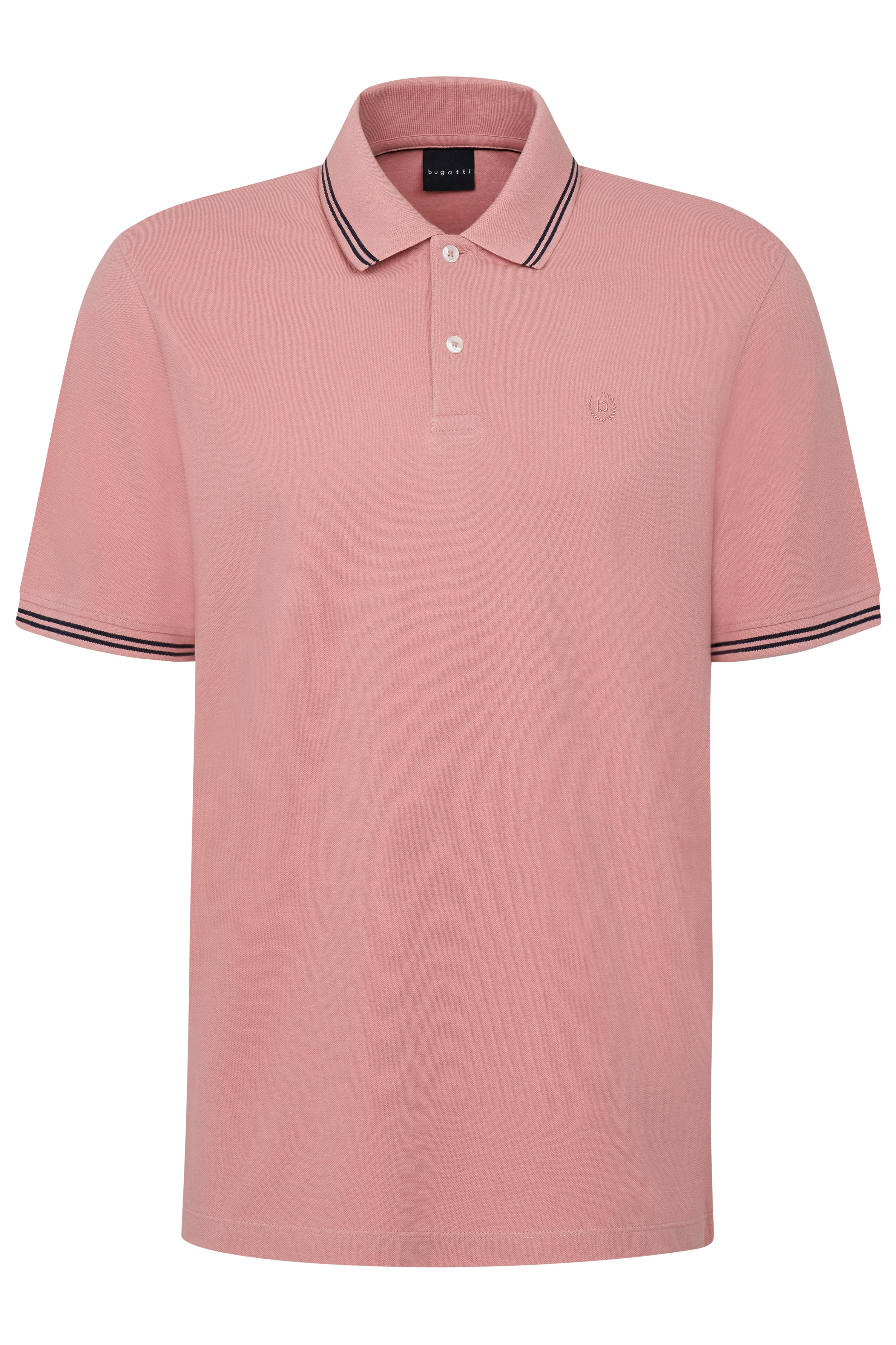 Pink bugatti polo shirt with black collar stripe, bust view.