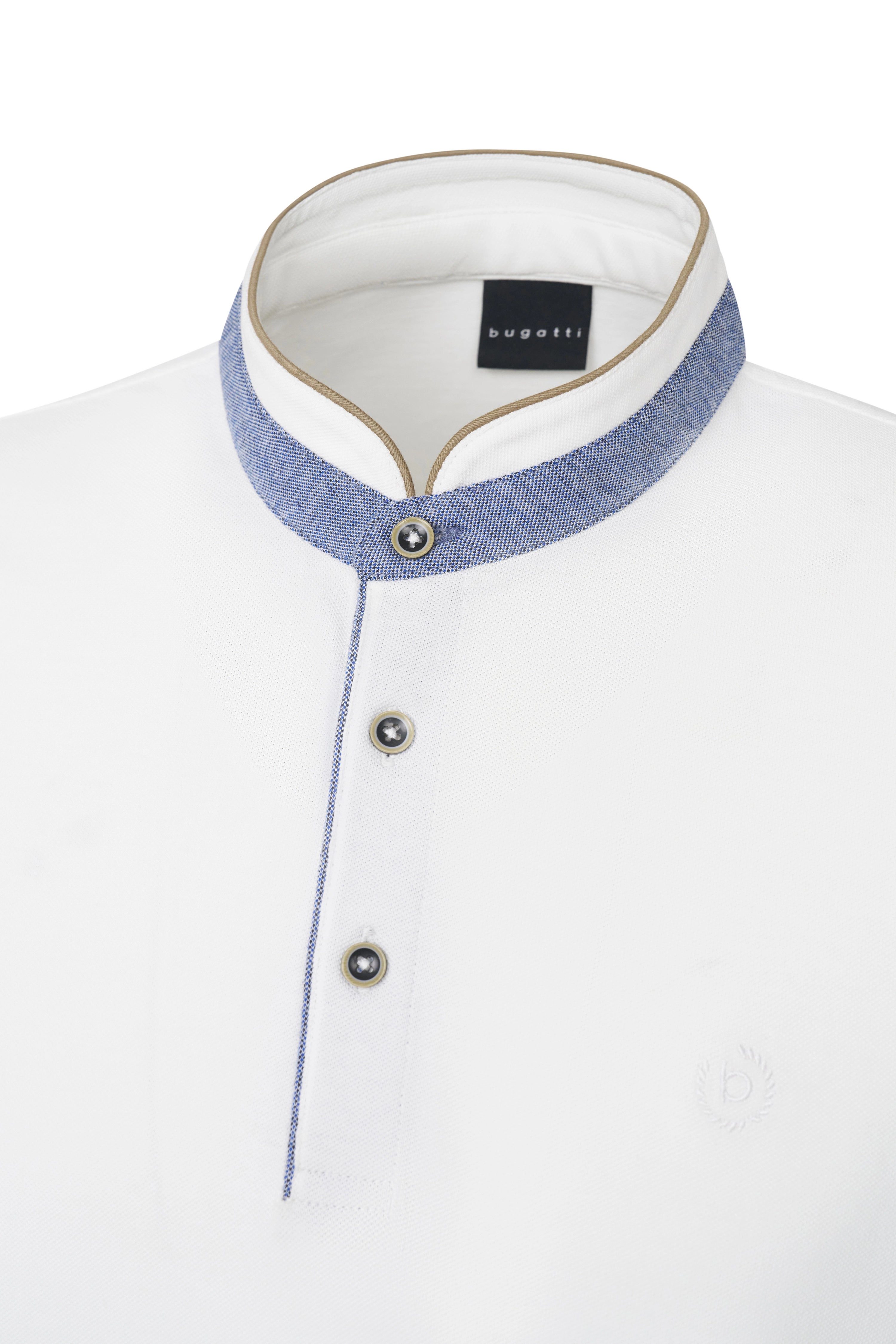 White bugatti shirt with stand-up collar and blue accents, bust view.