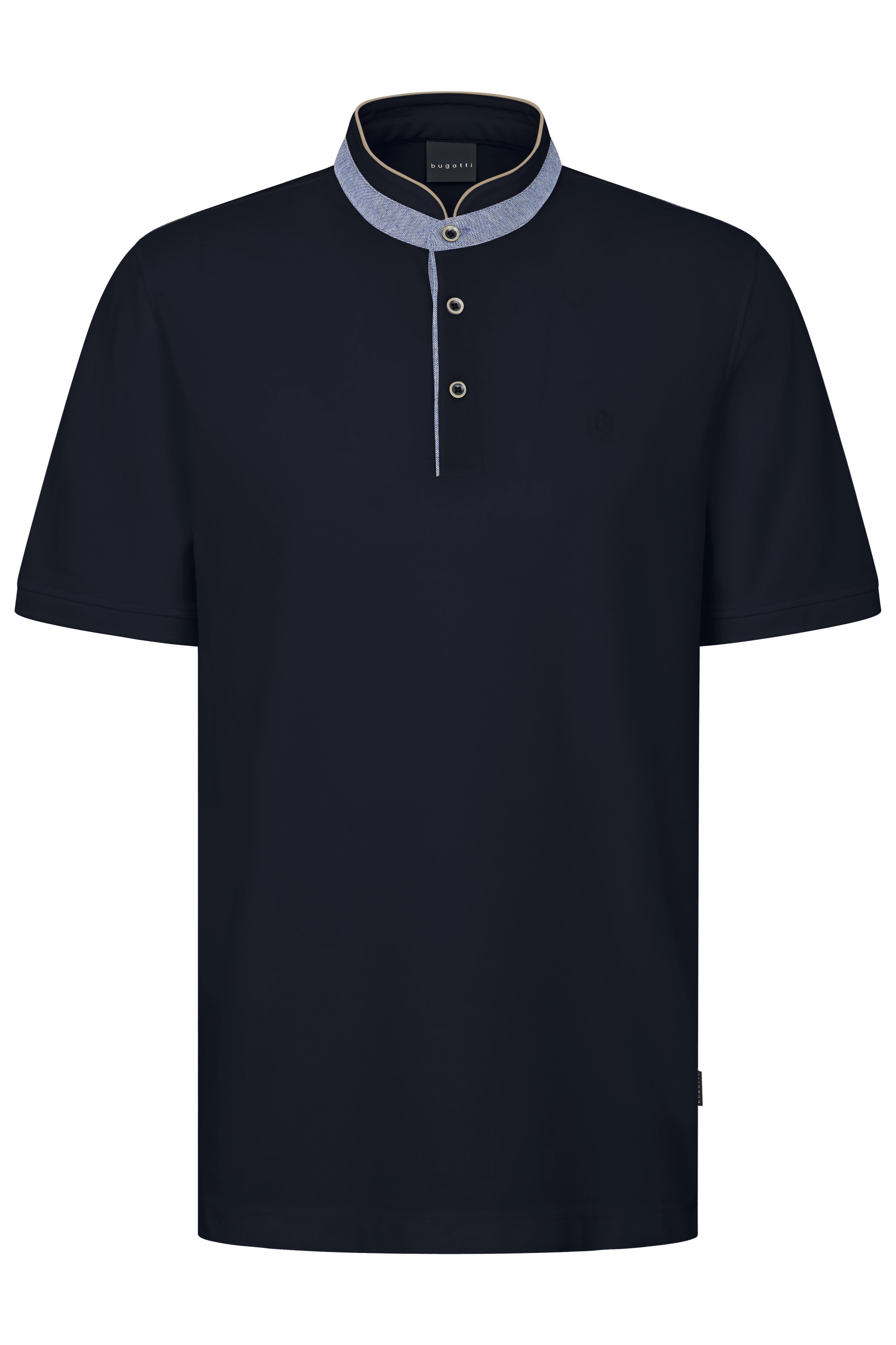bugatti dark blue polo shirt, elegant stand-up collar, casual bust view.