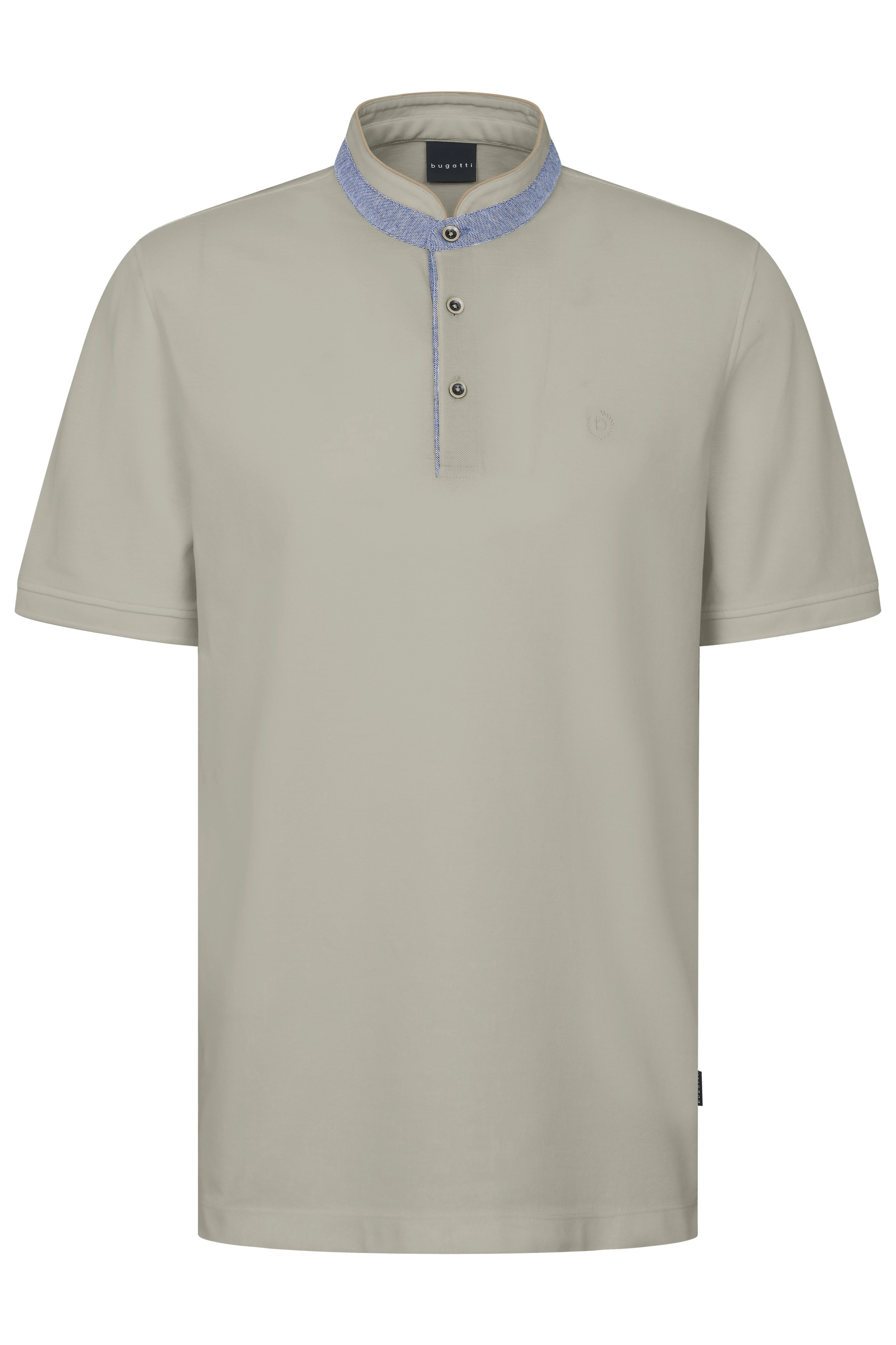 bugatti men's beige shirt with stand-up collar and blue accents, bust view.