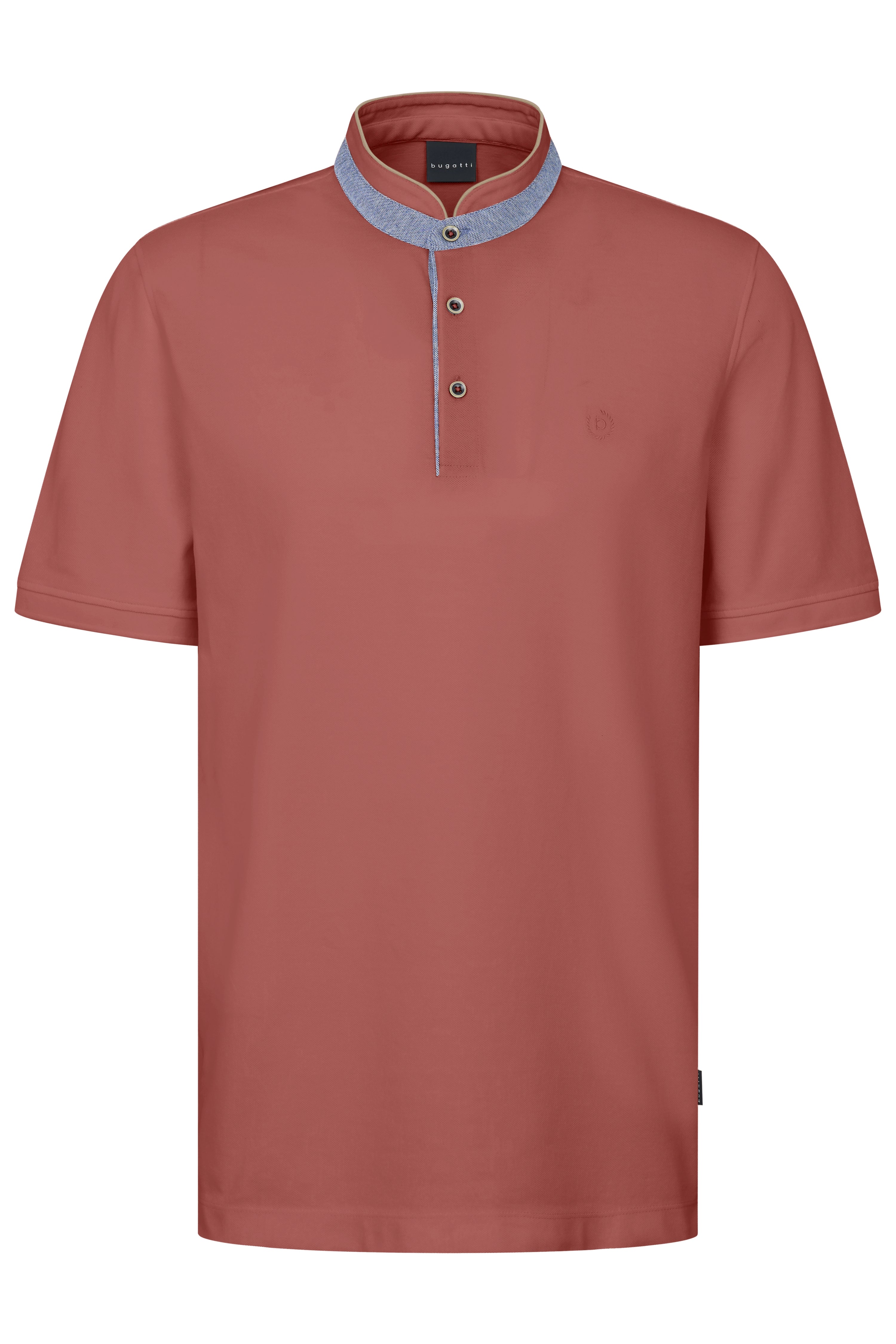 bugatti rust red T-shirt, stand-up collar with button placket, casual bust shot.