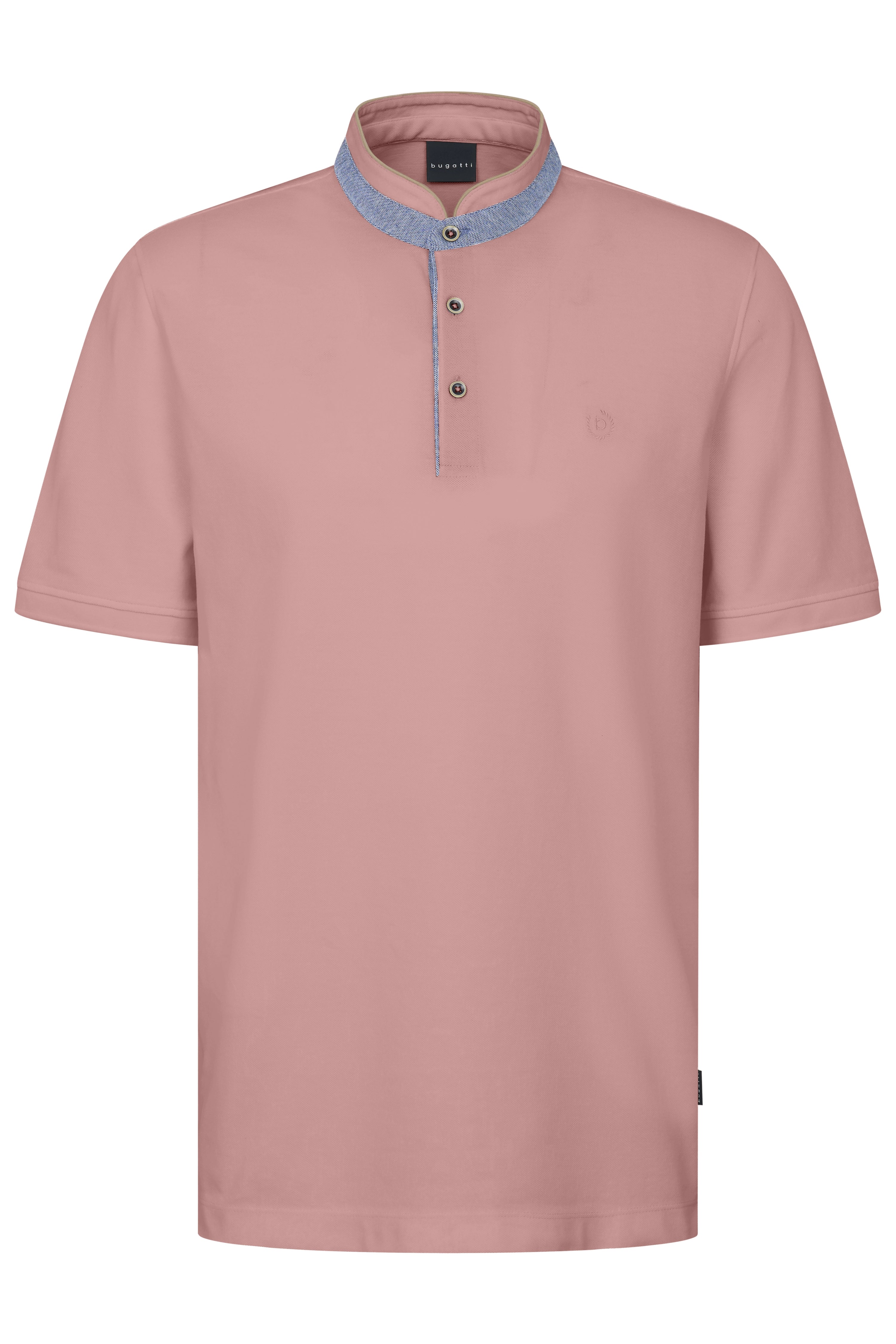 bugatti pink polo shirt with stand-up collar and blue accents, bust view.
