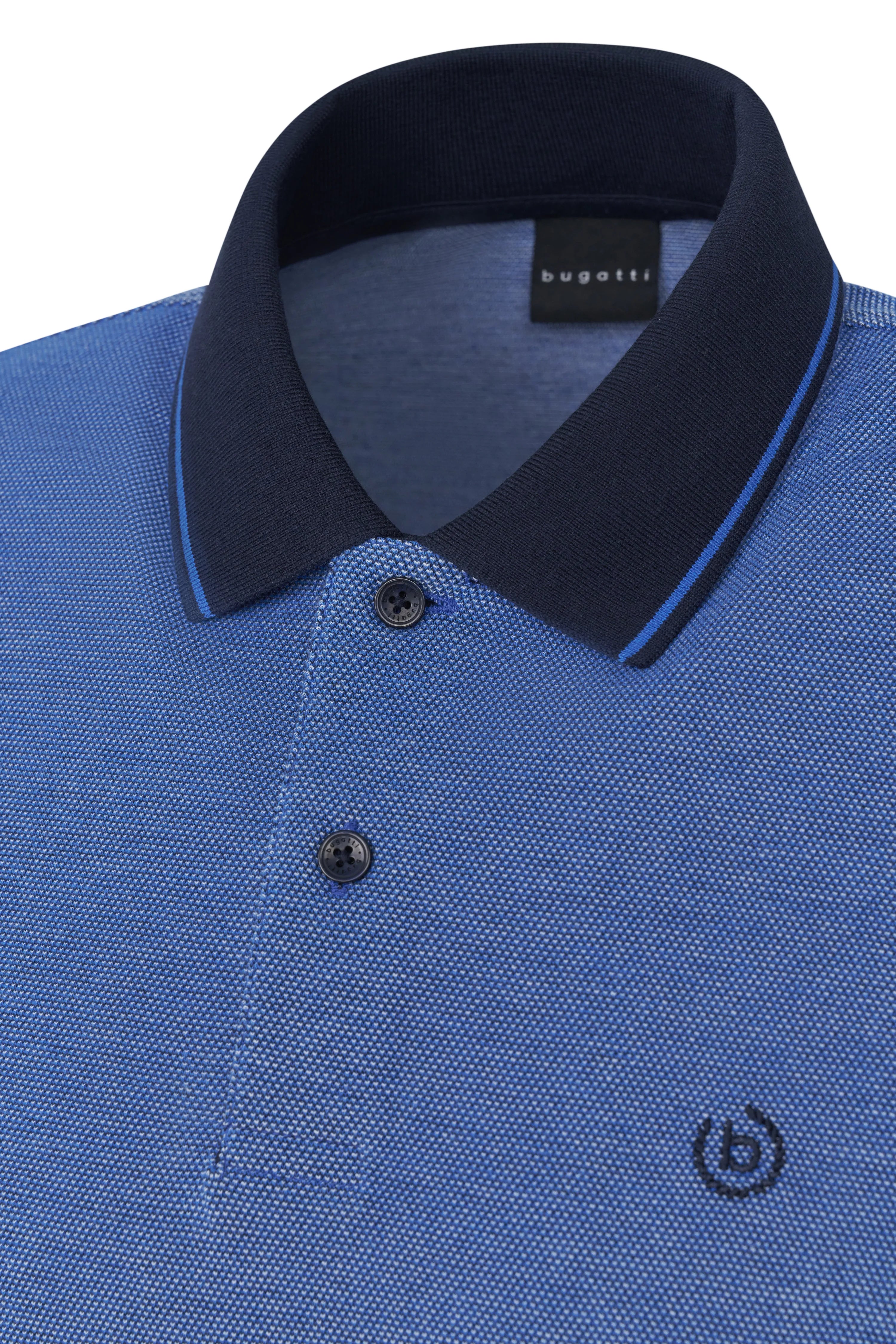Blue bugatti polo shirt, dark blue collar, detail image, stylish and timeless.
