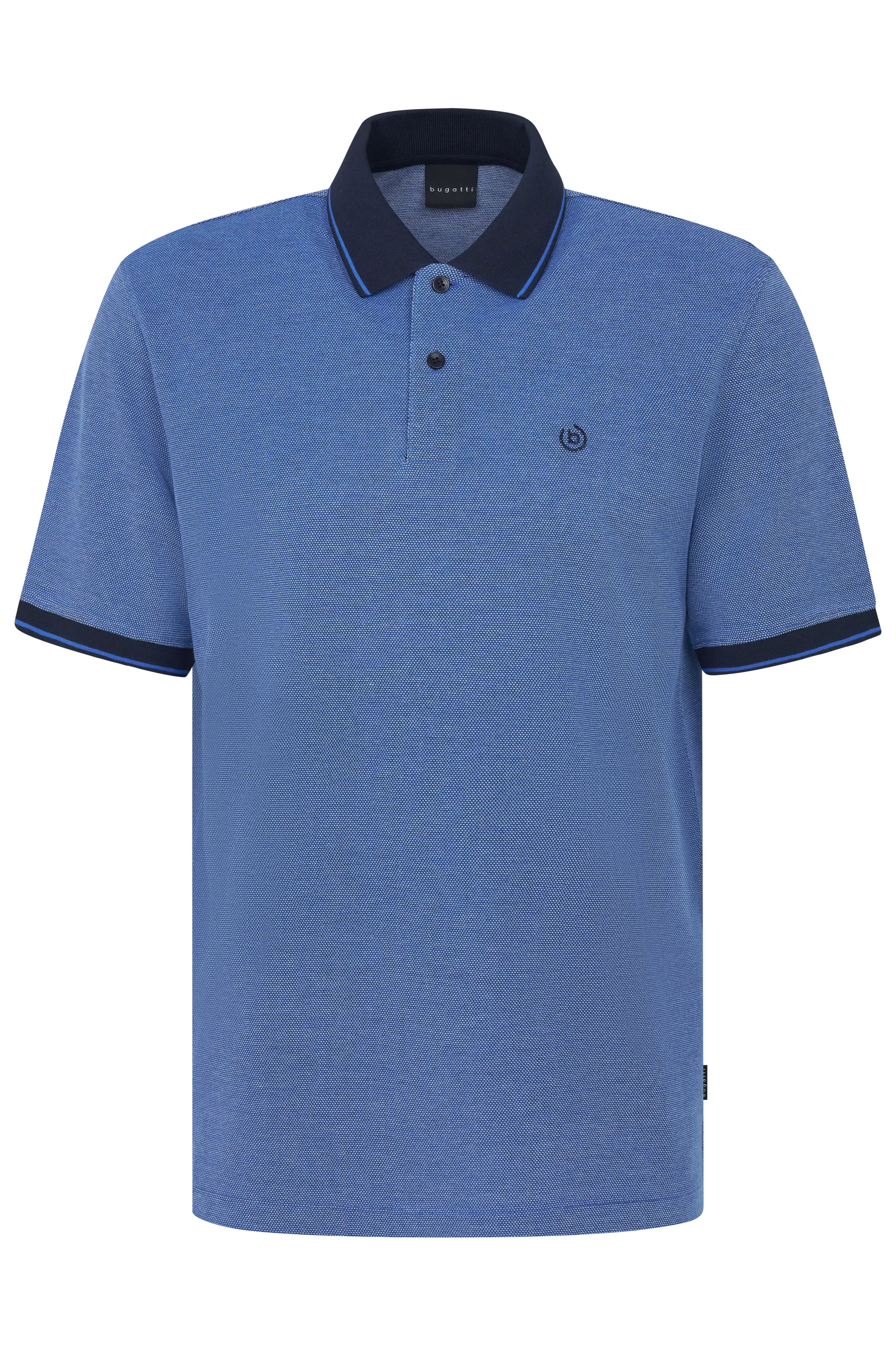 Blue bugatti polo shirt with contrast collar and cuffs, bust image.