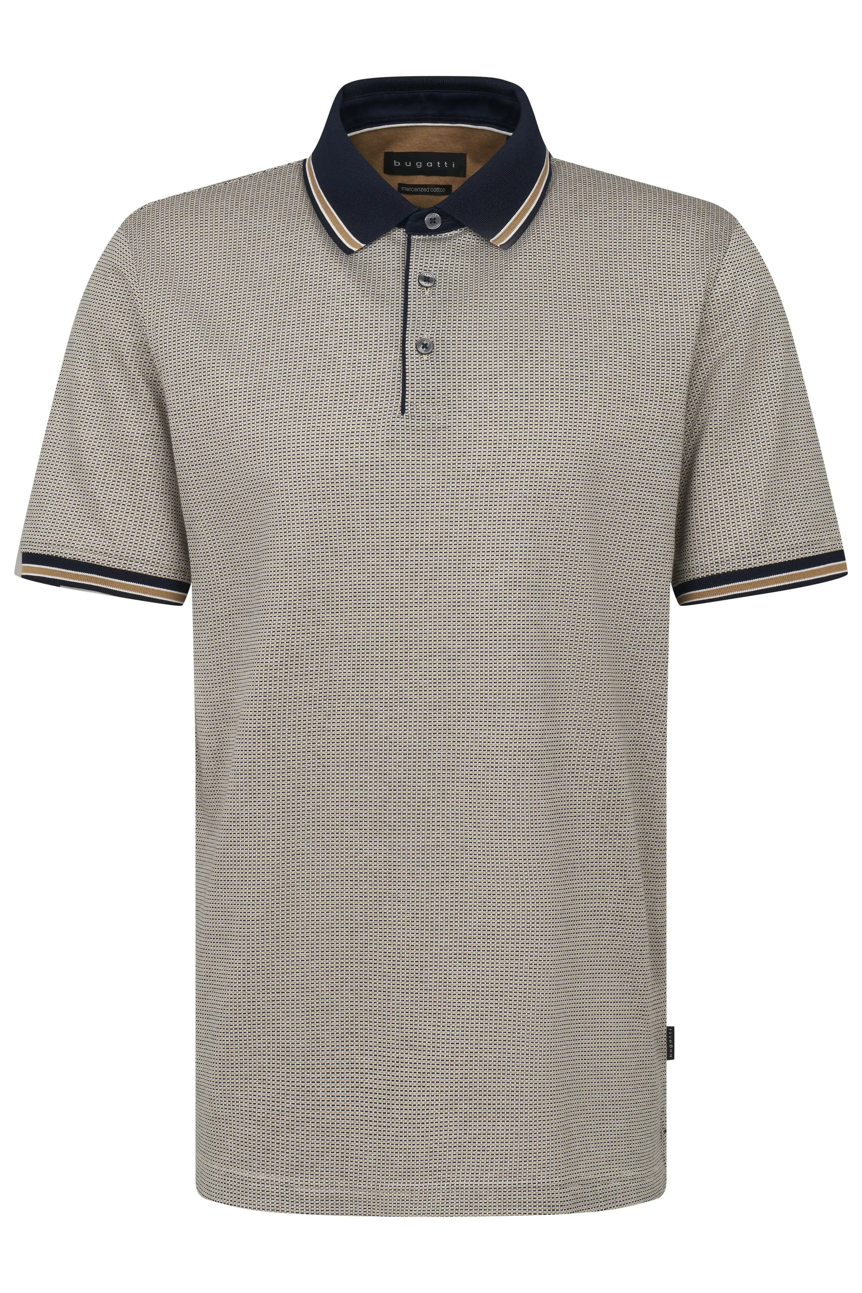 bugatti polo shirt, gray, fine pattern, blue collar, bust shot.