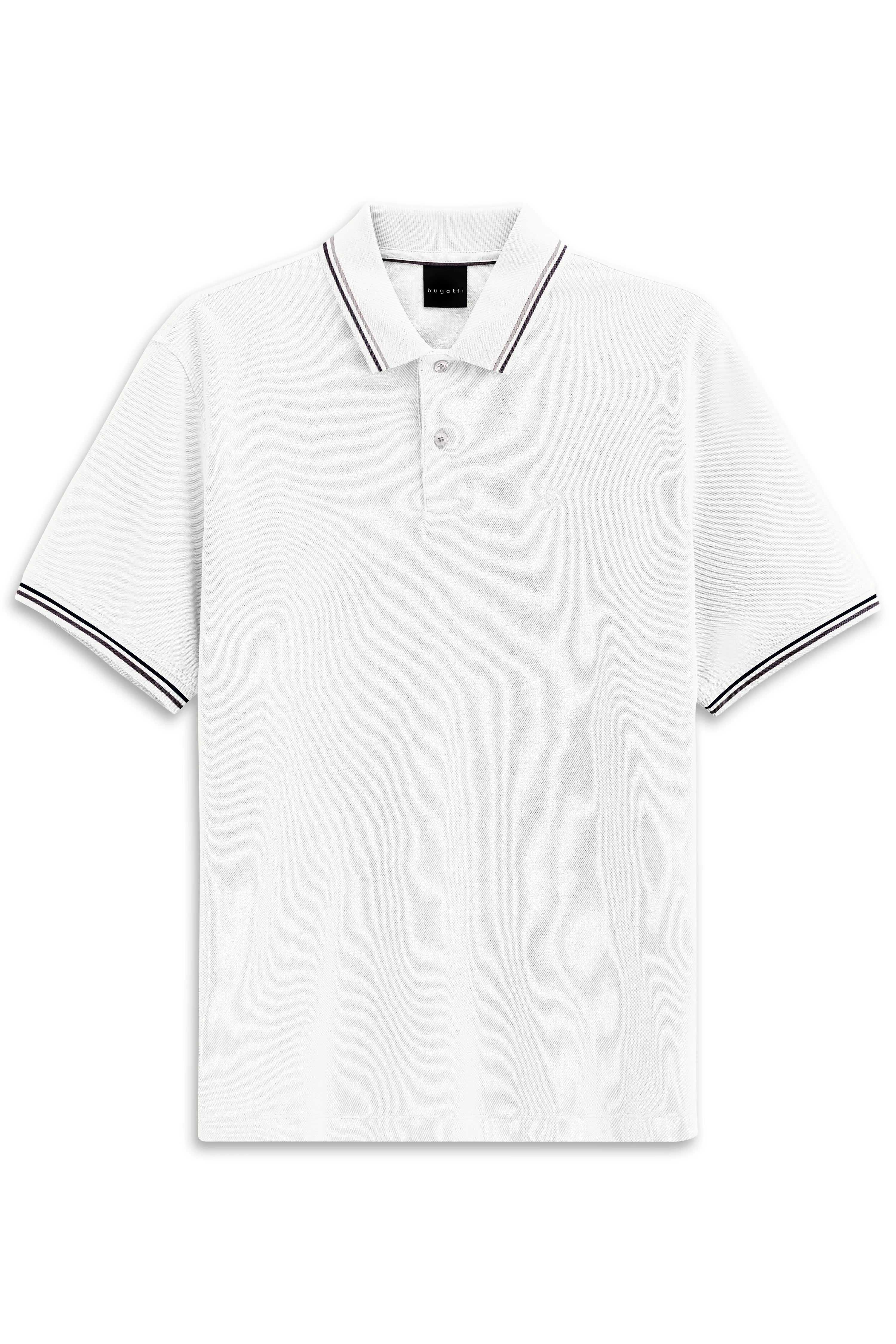 White bugatti polo shirt with striped collar and sleeves, bust view.