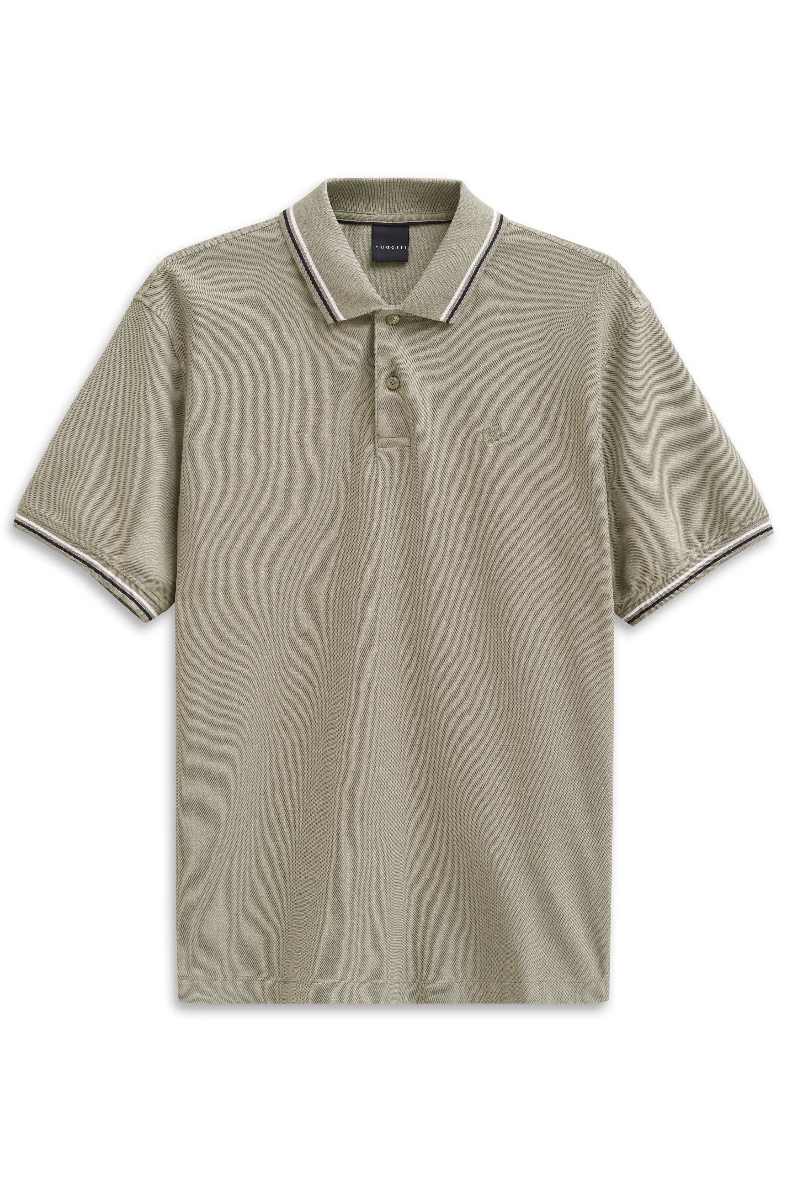 bugatti olive green polo shirt with striped collar, casually presented, uniting style and sophistication.