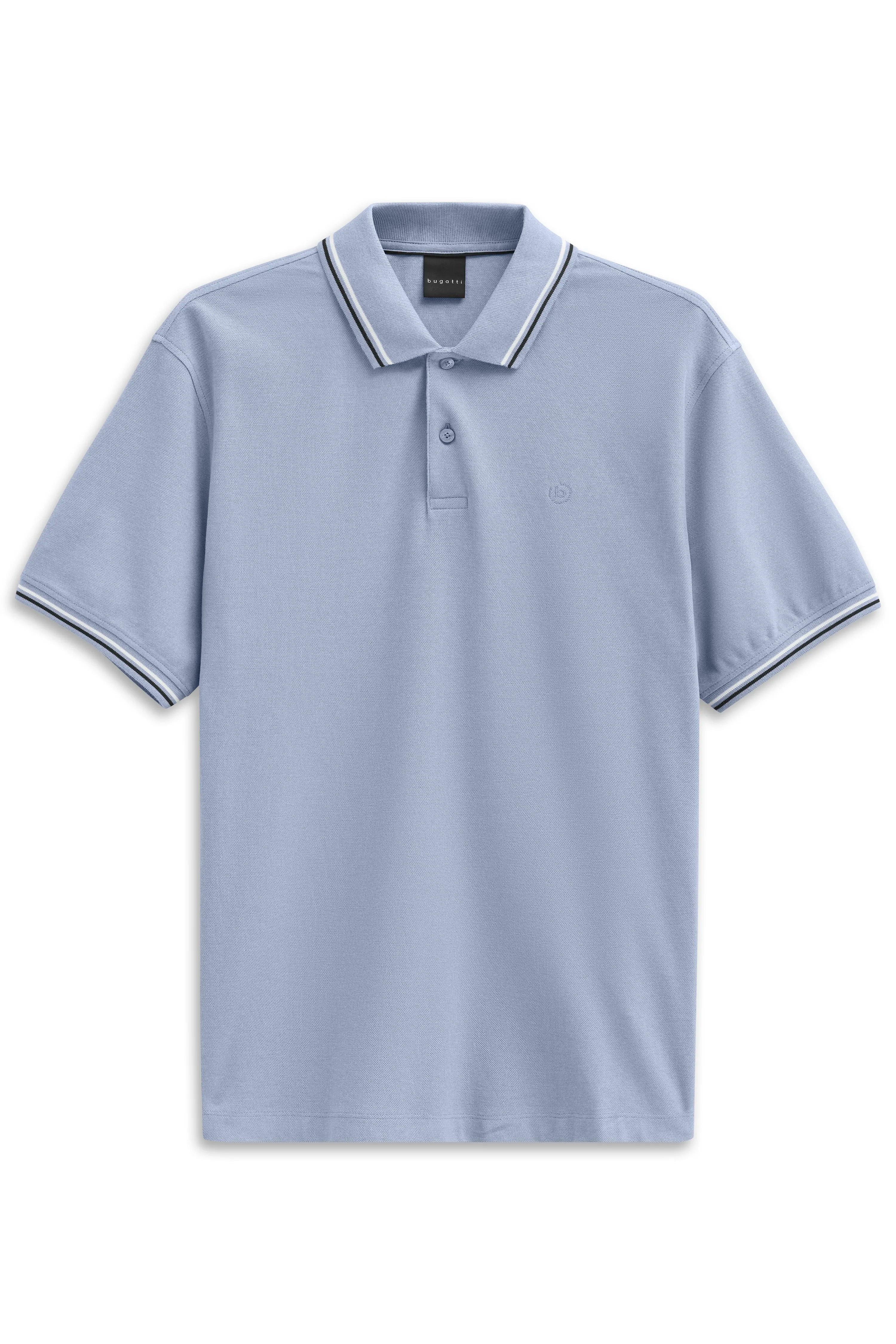 Light blue bugatti polo shirt with contrast collar stripes, bust view.