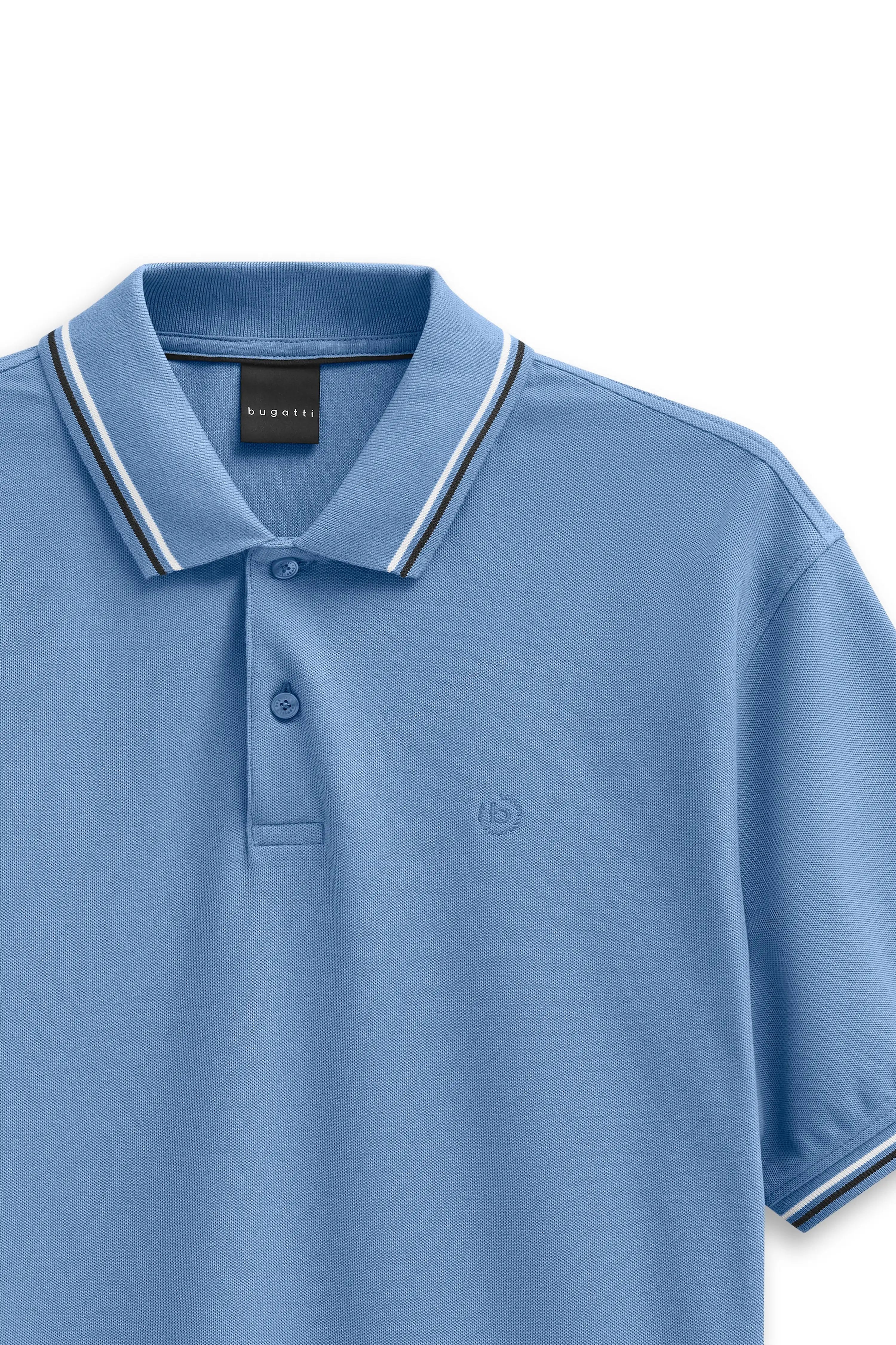 Light blue bugatti polo shirt, bust view, striped collar, stylish and timeless.