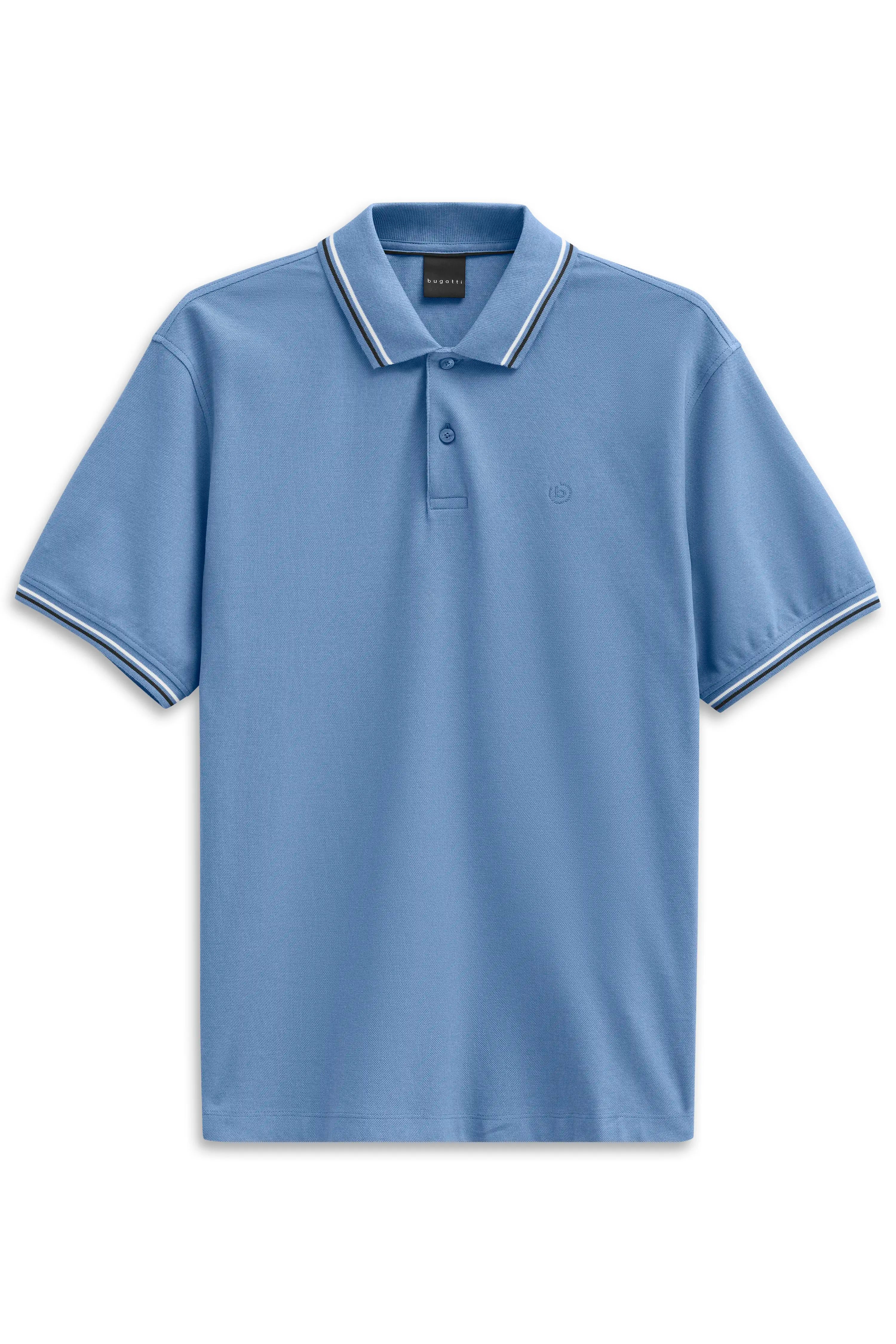 Blue bugatti polo shirt with white stripe pattern on collar and sleeves, casual bust shot.