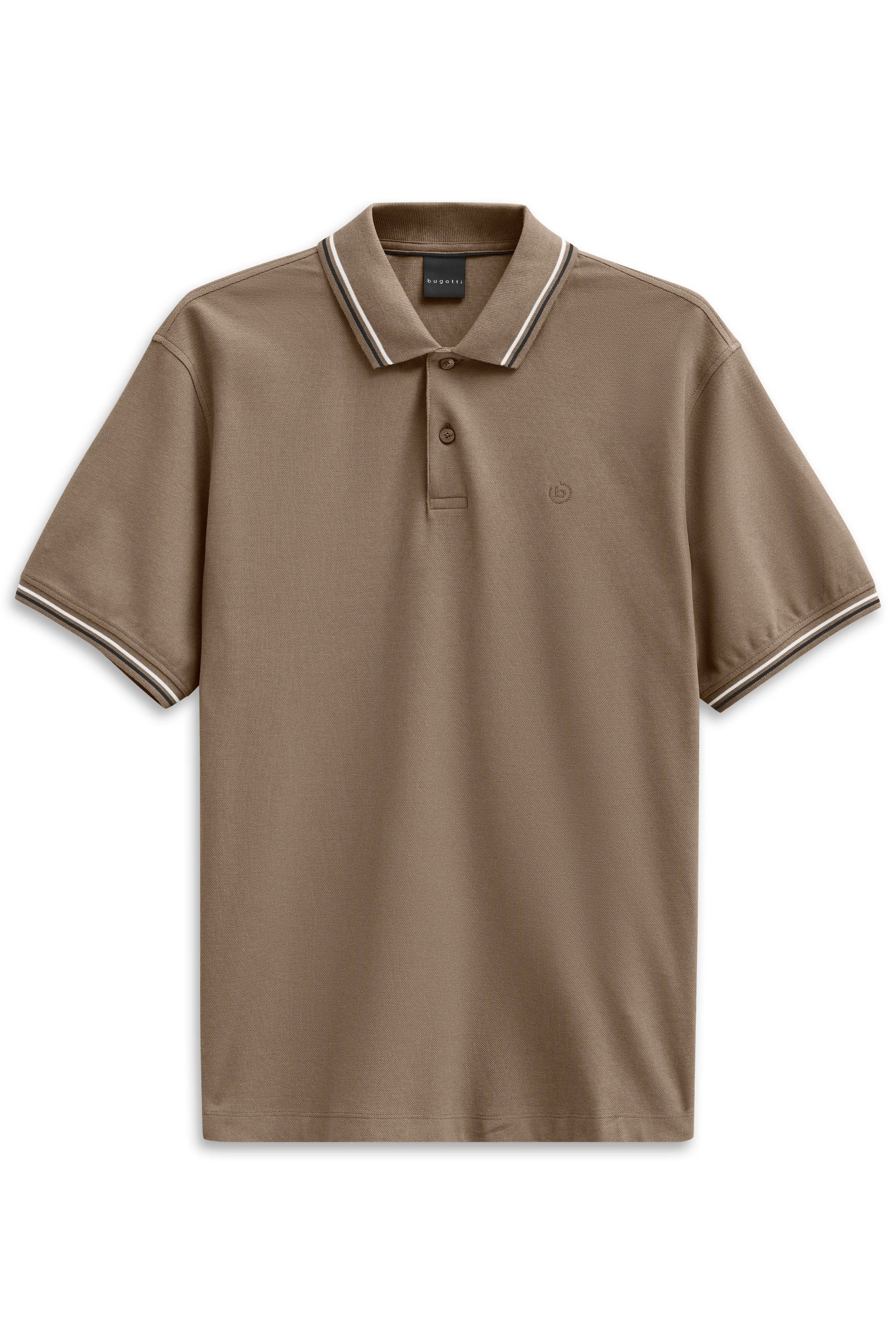 Brown bugatti polo with contrast stripes, bust view, stylish and timeless.