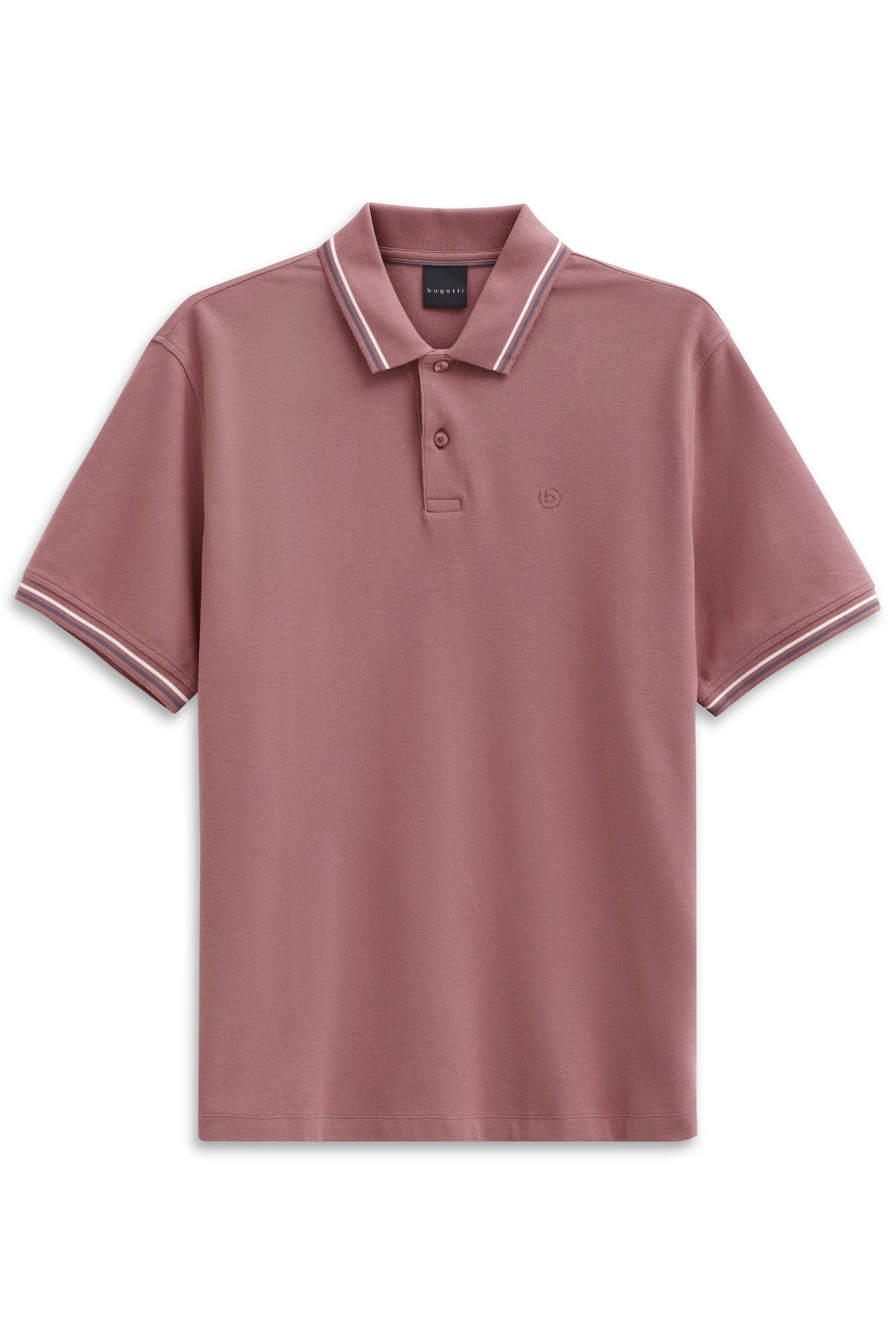 bugatti Poloshirt in Altrosa mit gestreiftem Kragen, legeres Büstenbild, zeitlos und stilvoll.