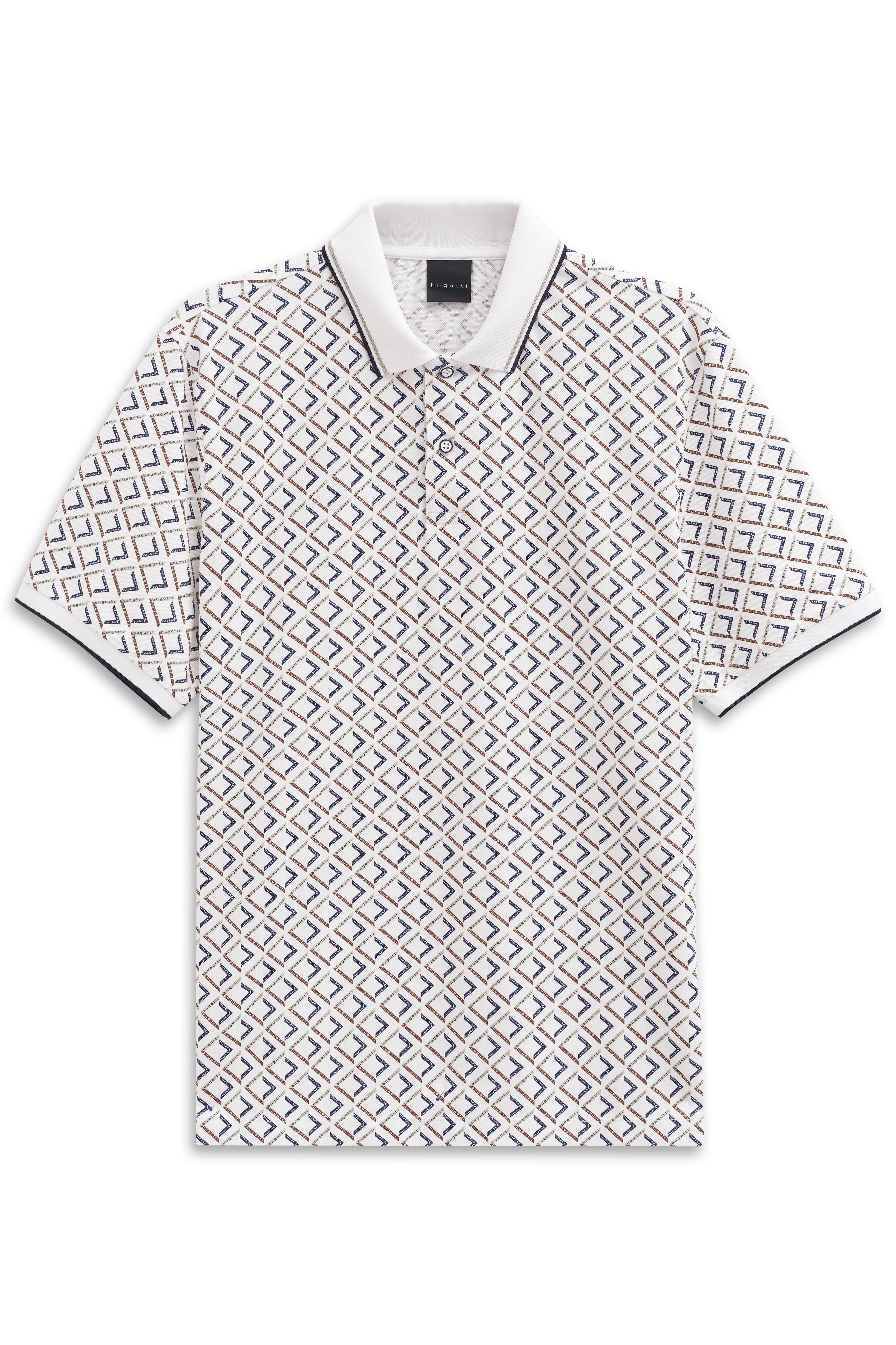 bugatti Polo-Shirt, weiß, geometrisches Muster in Blau und Braun, Büstenbild.