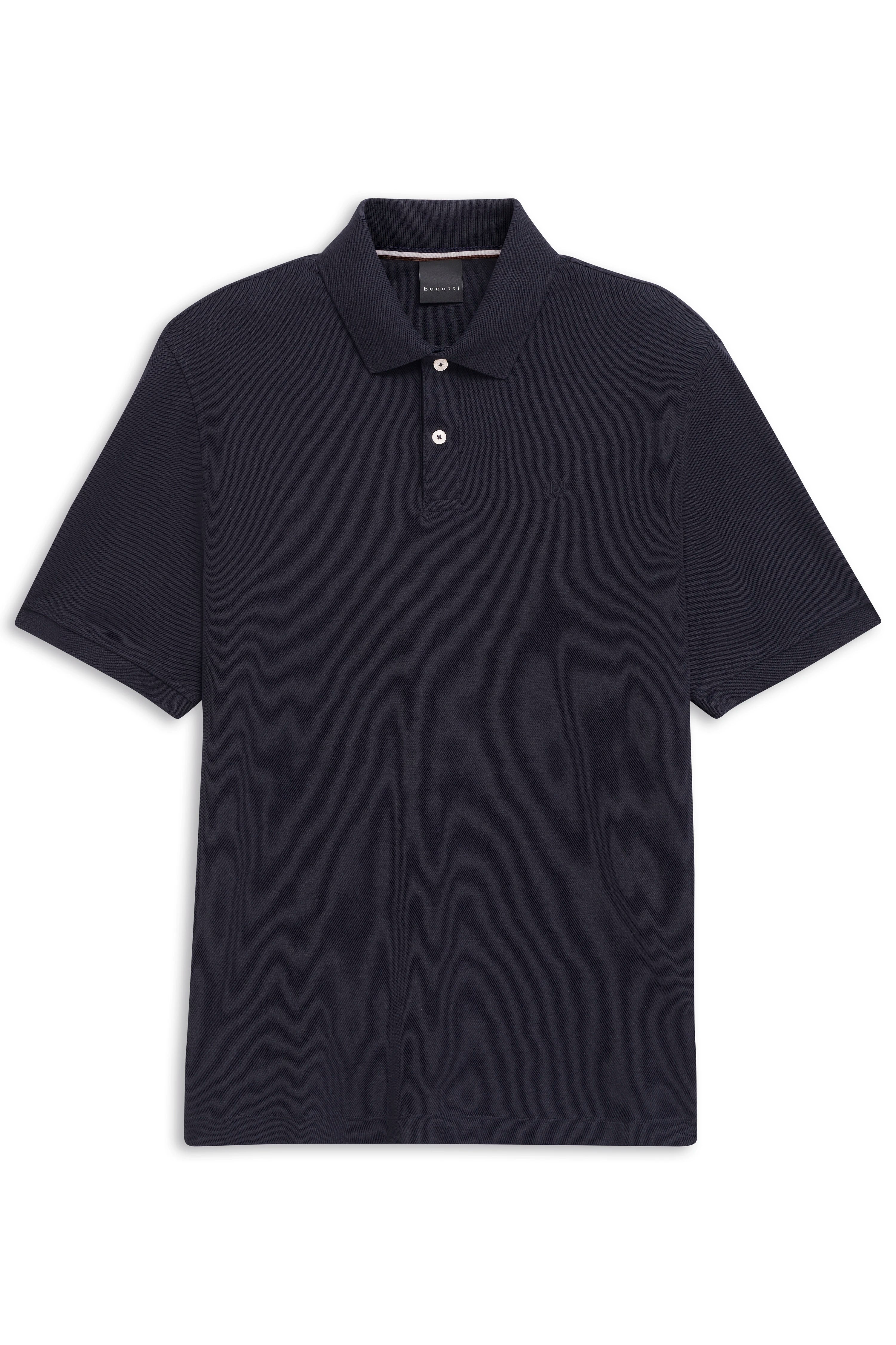 Dunkelblaues bugatti Polohemd, klassischer Kragen, Büstenbild, hochwertige Materialien.