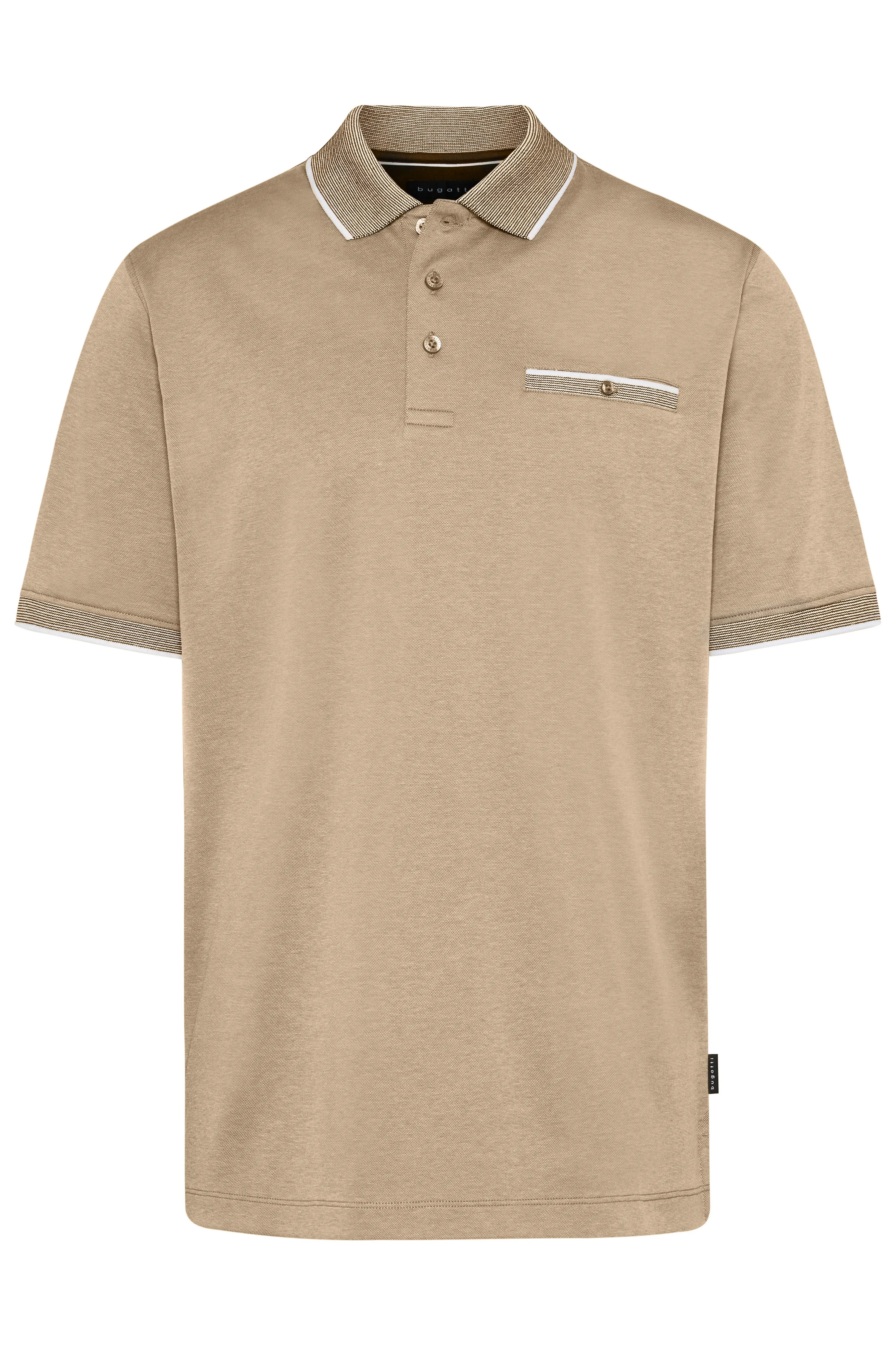 Beige bugatti polo shirt with contrast collar, chest pocket, and short sleeves, casually styled.