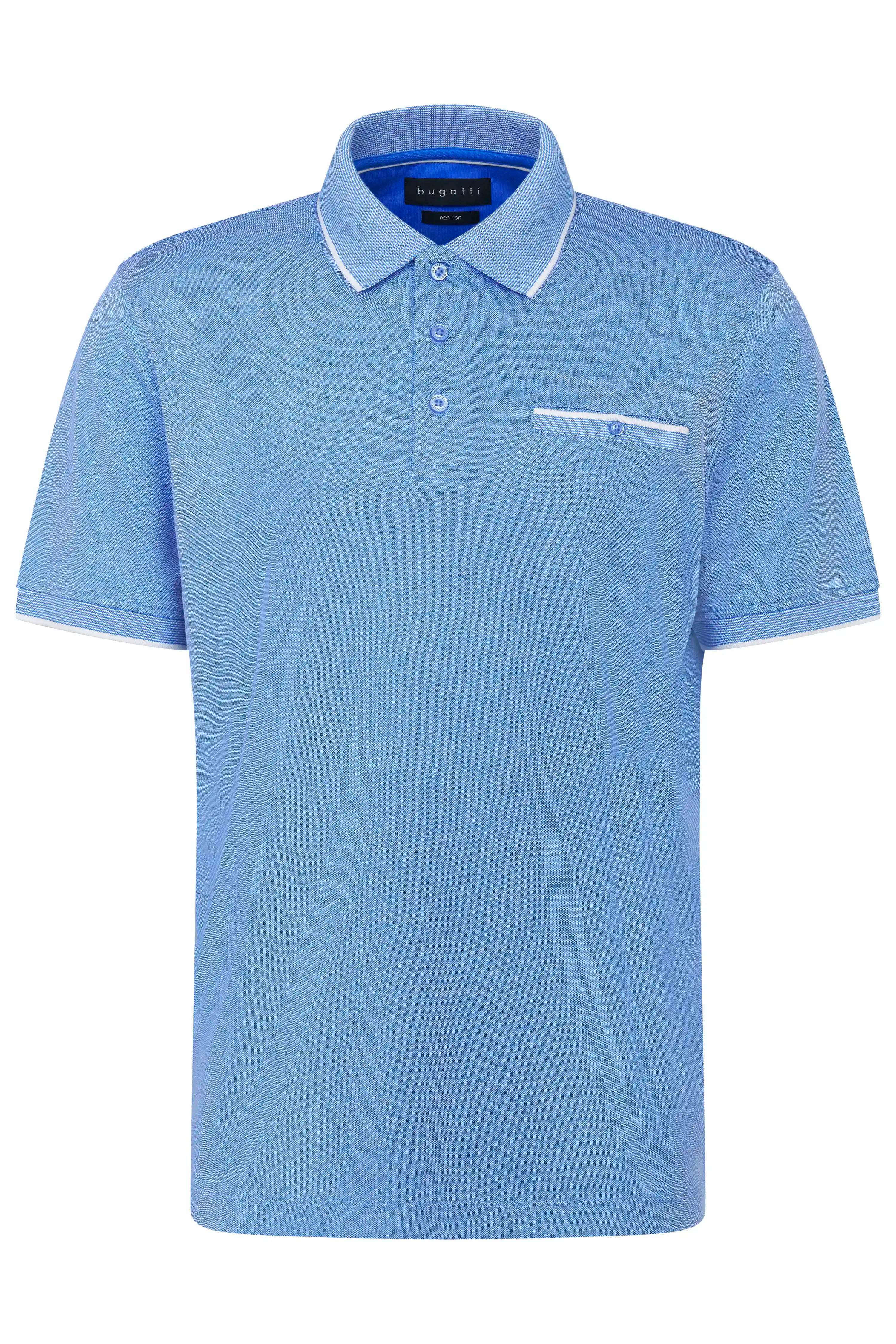 Blue bugatti polo shirt with white accents, bust view.