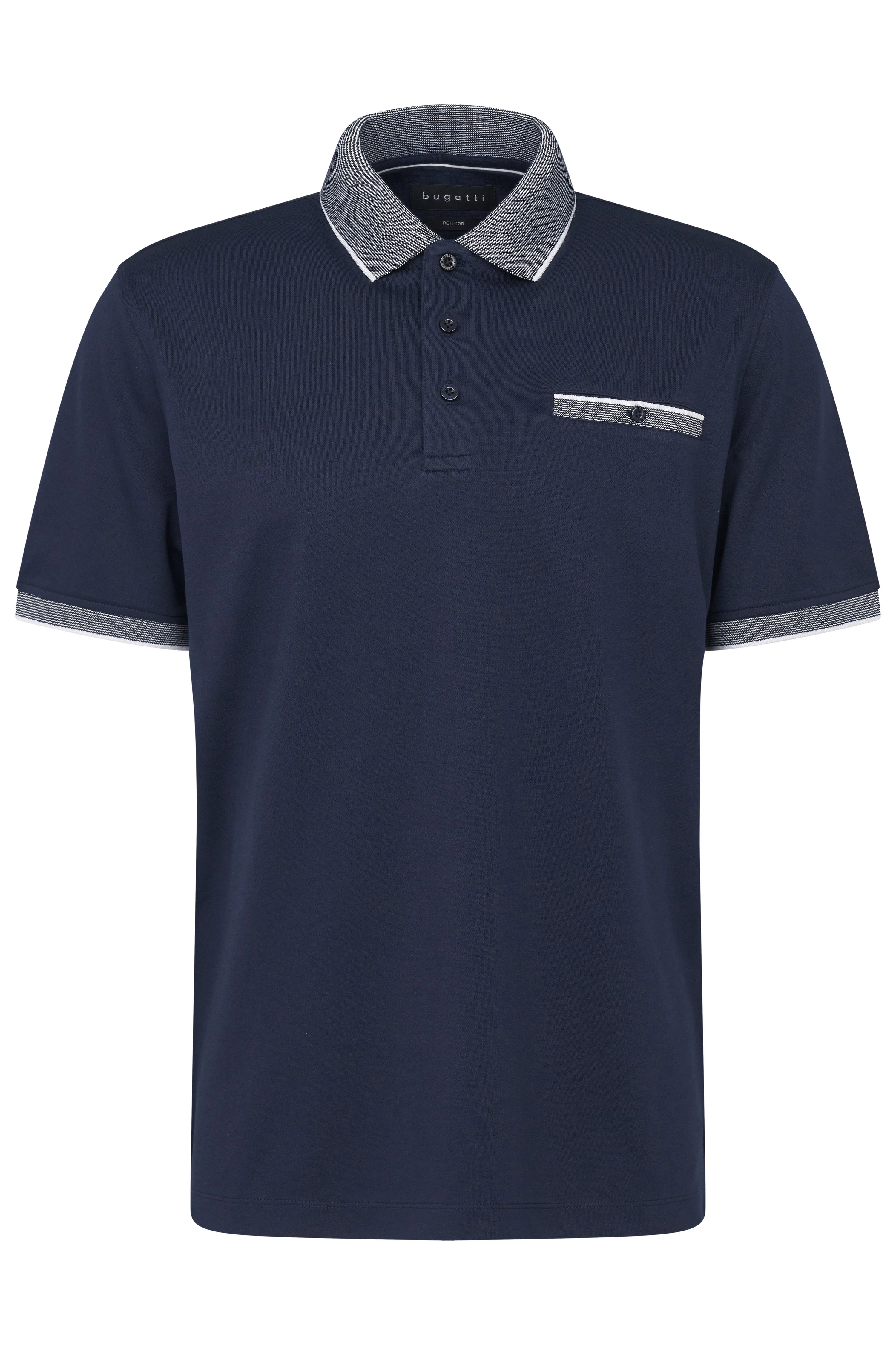 Dark blue bugatti polo shirt with gray collar and sleeve trim, bust view.