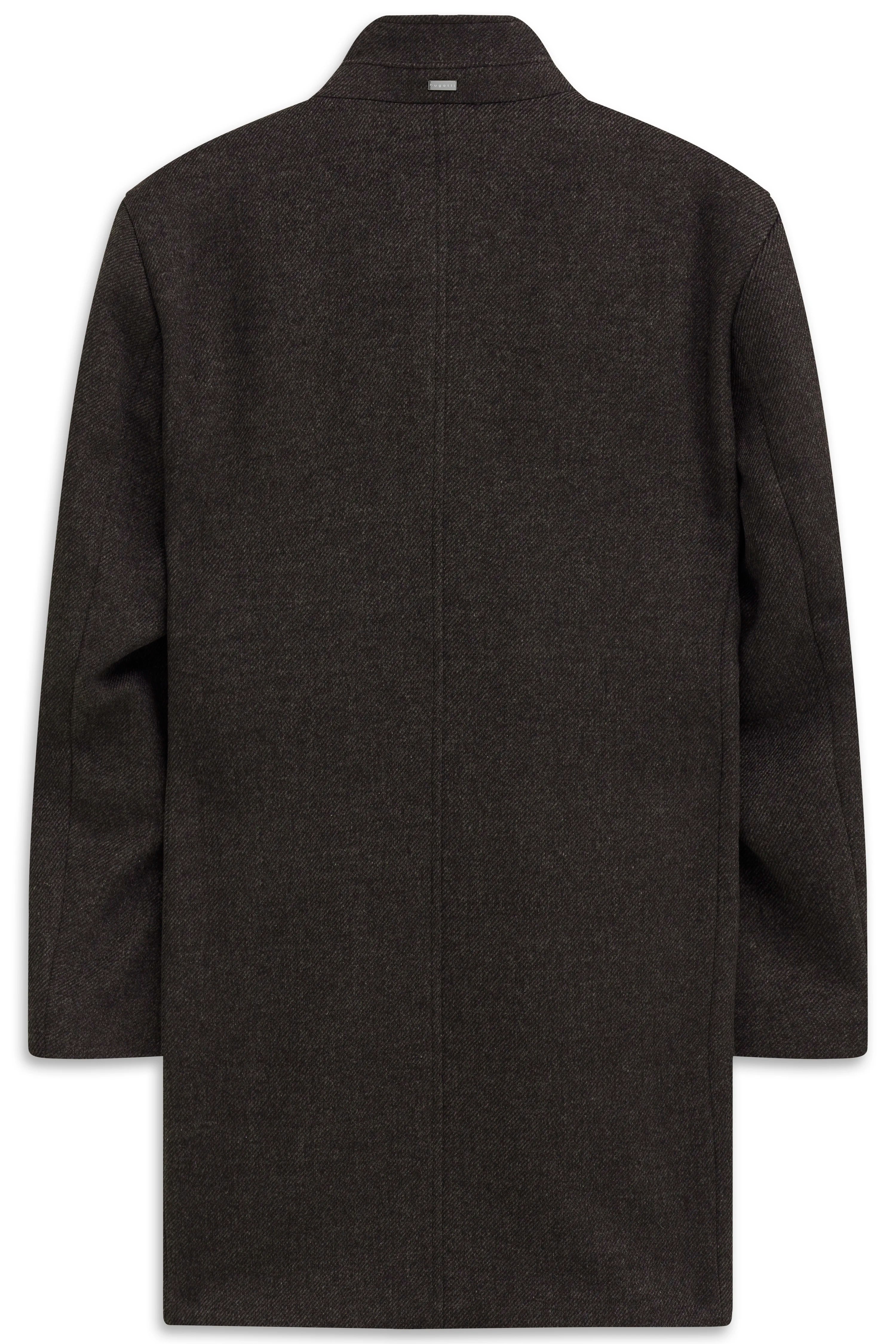Donkergrijze bugatti jas, achteraanzicht, van fijn materiaal, elegant en tijdloos.