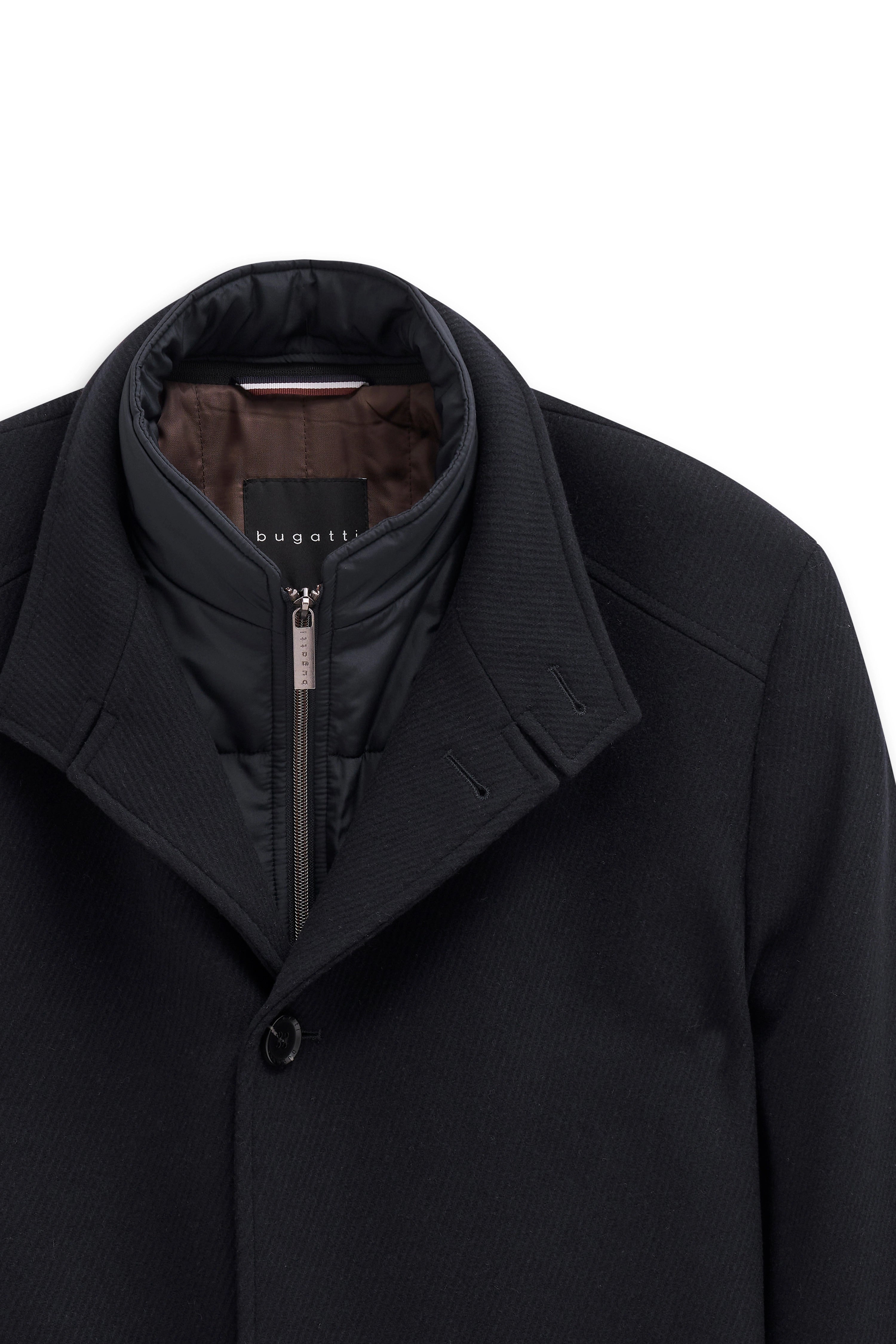 Black bugatti coat with stand-up collar and zipper, bust view.