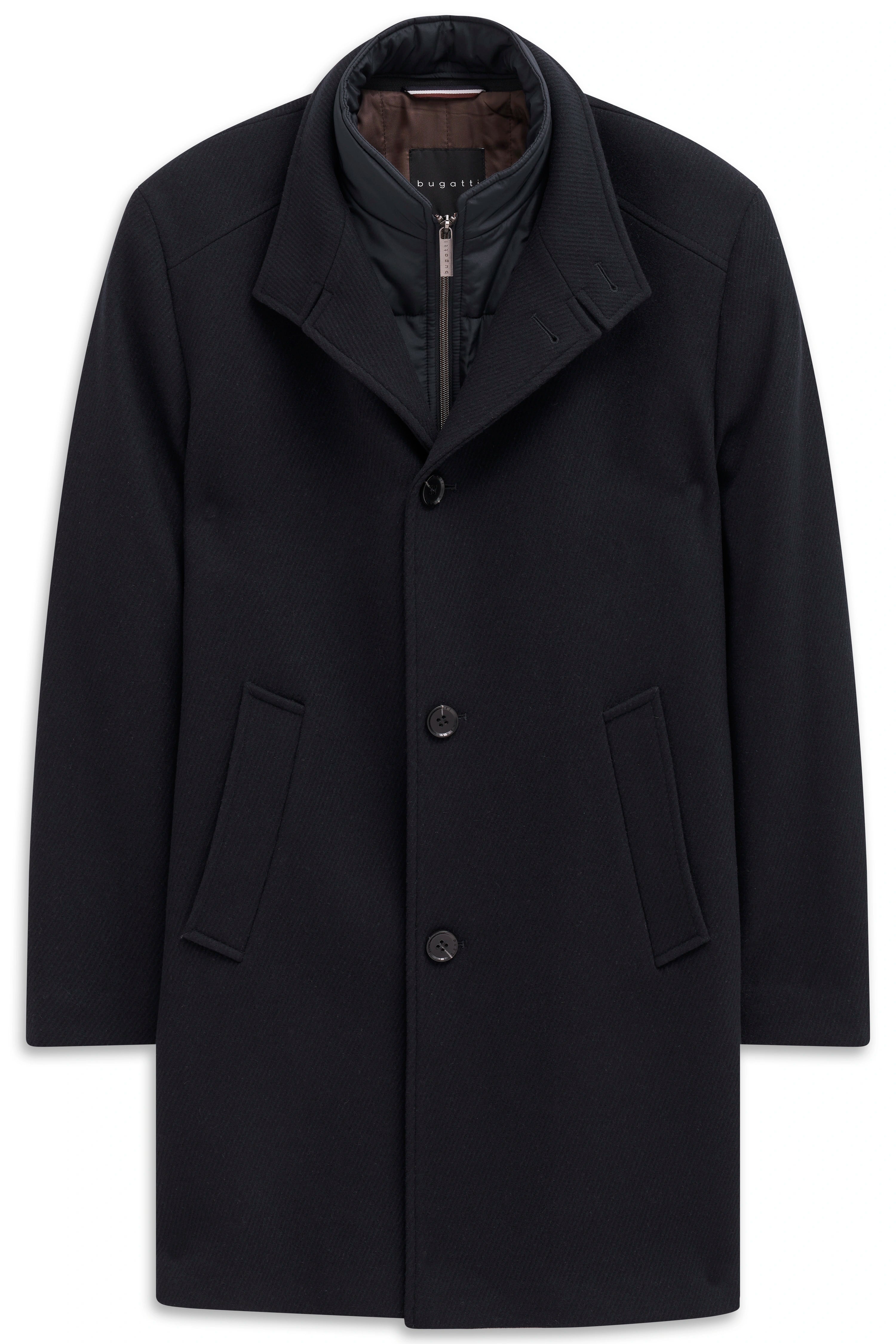 Black bugatti coat with stand-up collar, classic design, bust view, stylish and timeless.