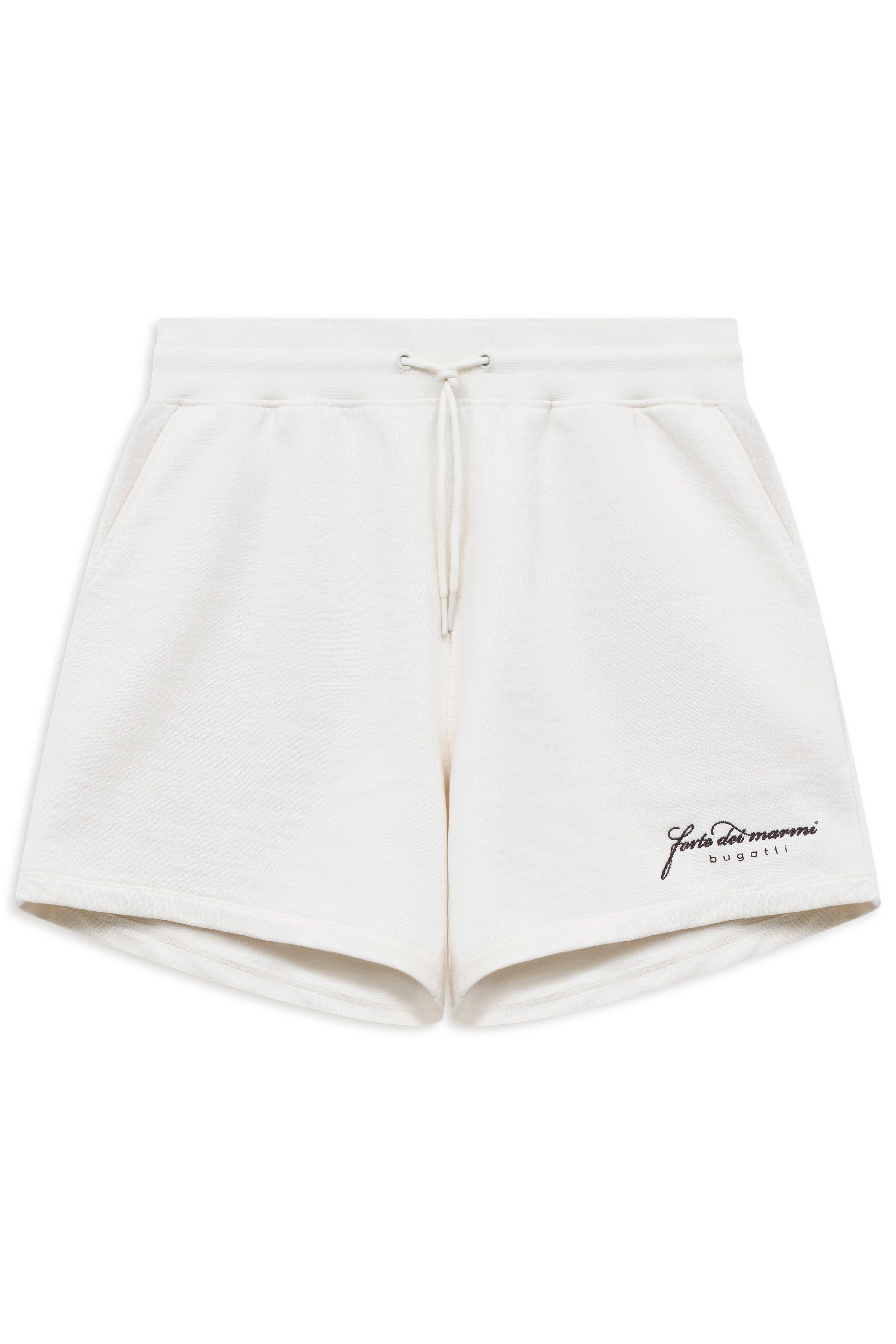 Weiße bugatti Shorts, leger, mit schwarzem Logo, aus hochwertigem Material.