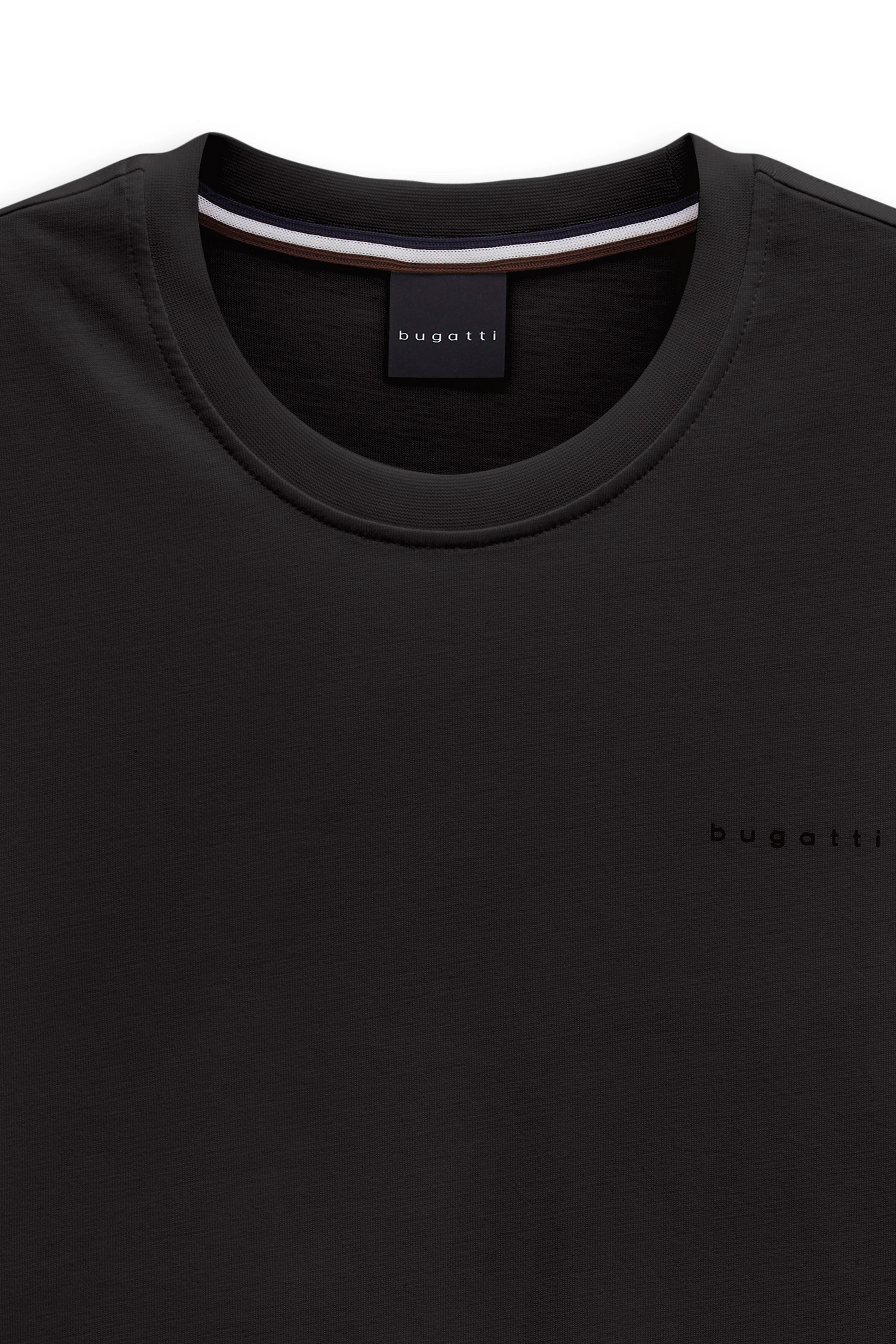 Schwarzes bugatti T-Shirt, Büstenbild, schlichtes Design, dezentes Logo.