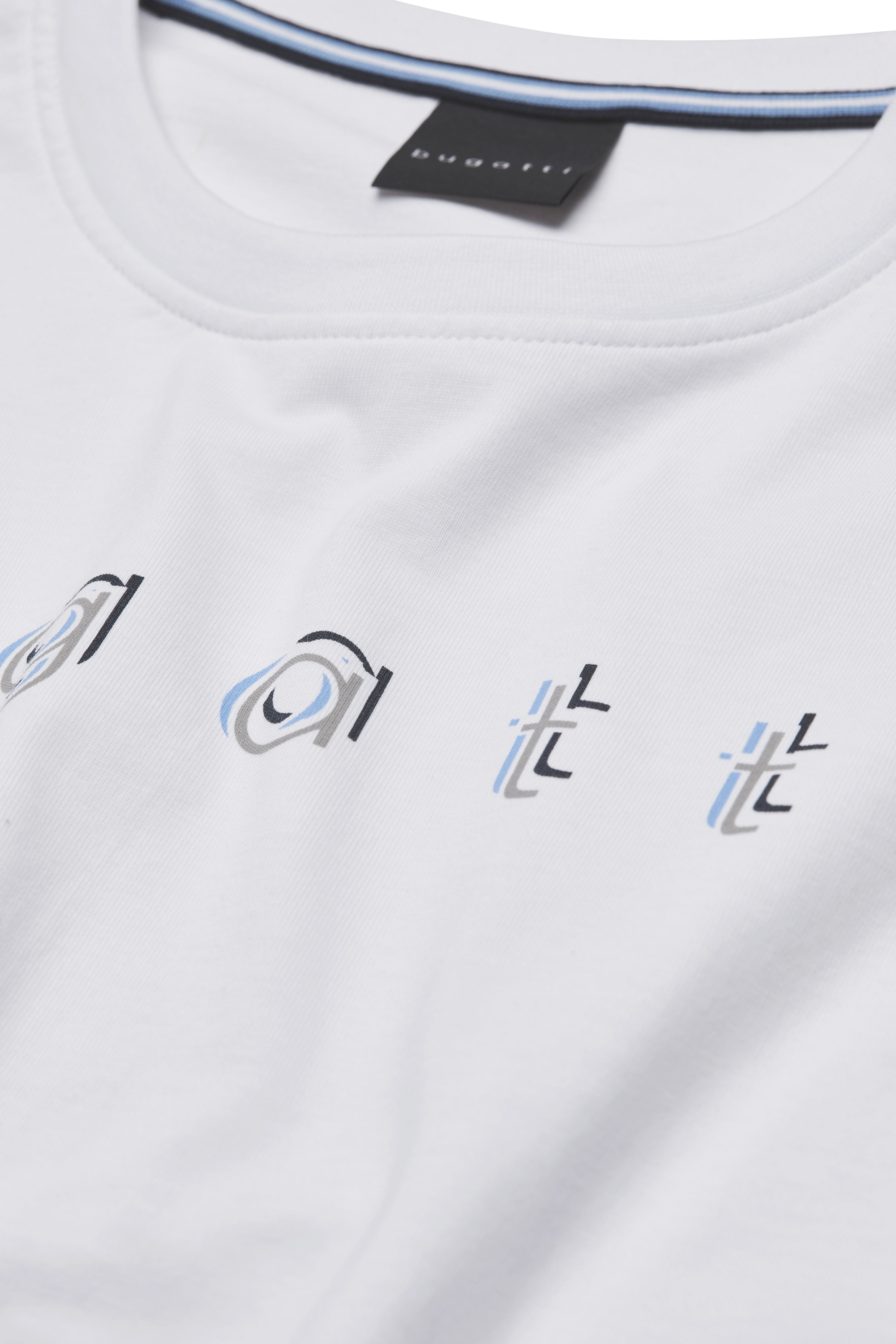 White bugatti T-shirt with modern print, close-up bust image, stylish and timeless.