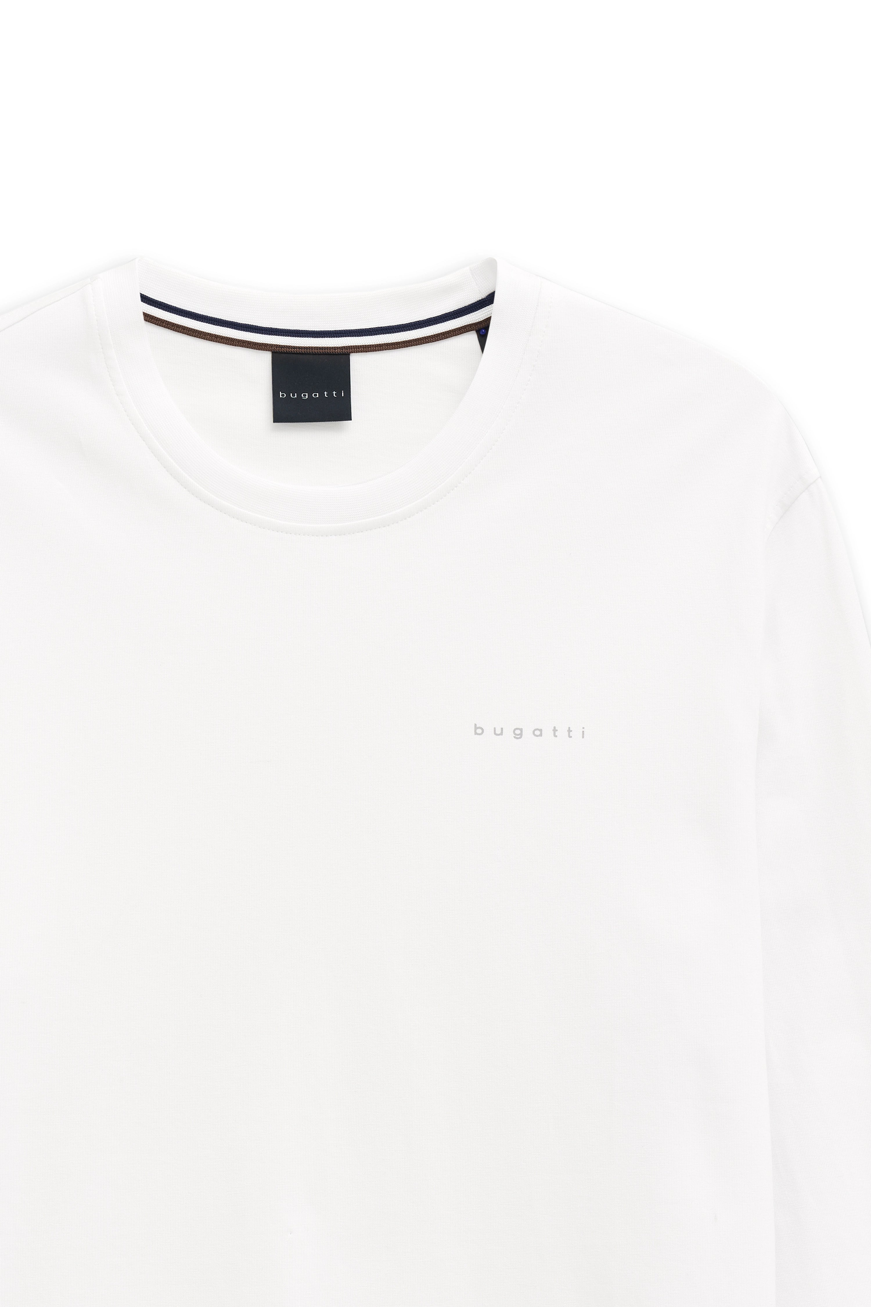 White bugatti T-shirt, bust image, minimalist design with subtle chest logo.