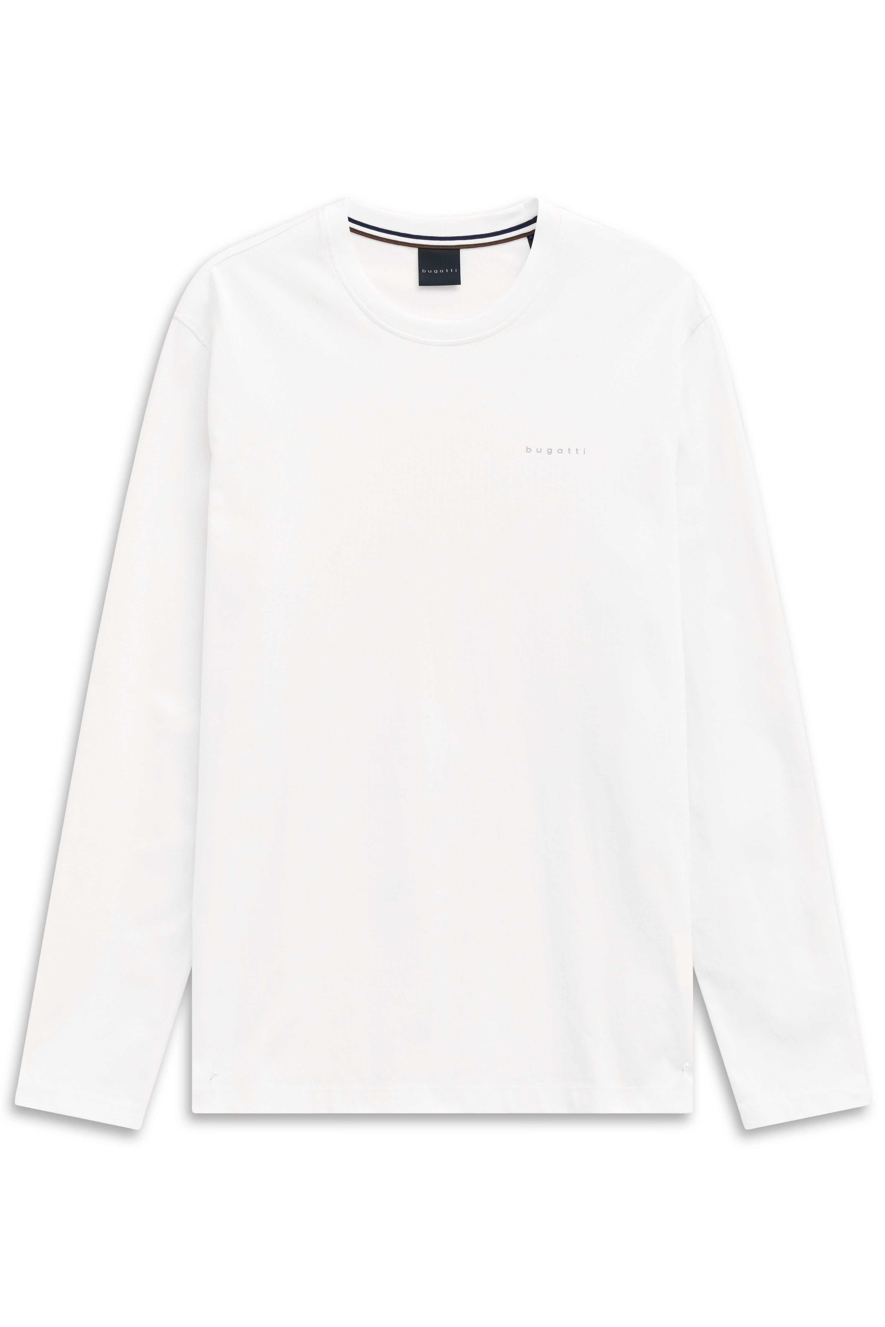 White bugatti long-sleeve shirt, minimalist and timeless design, bust view.