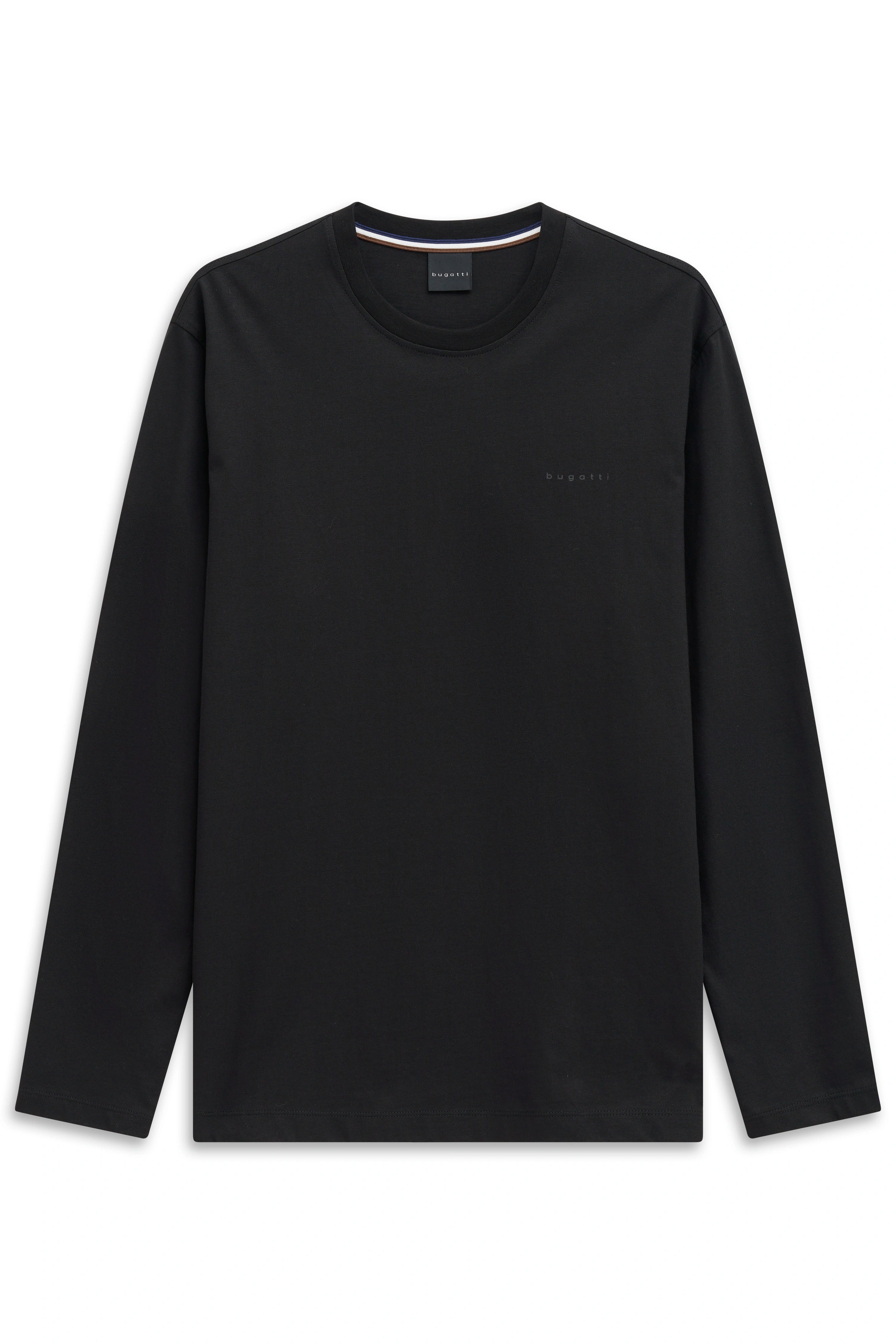 Zwart bugatti langarmshirt, eenvoudig ontwerp, busteweergave.