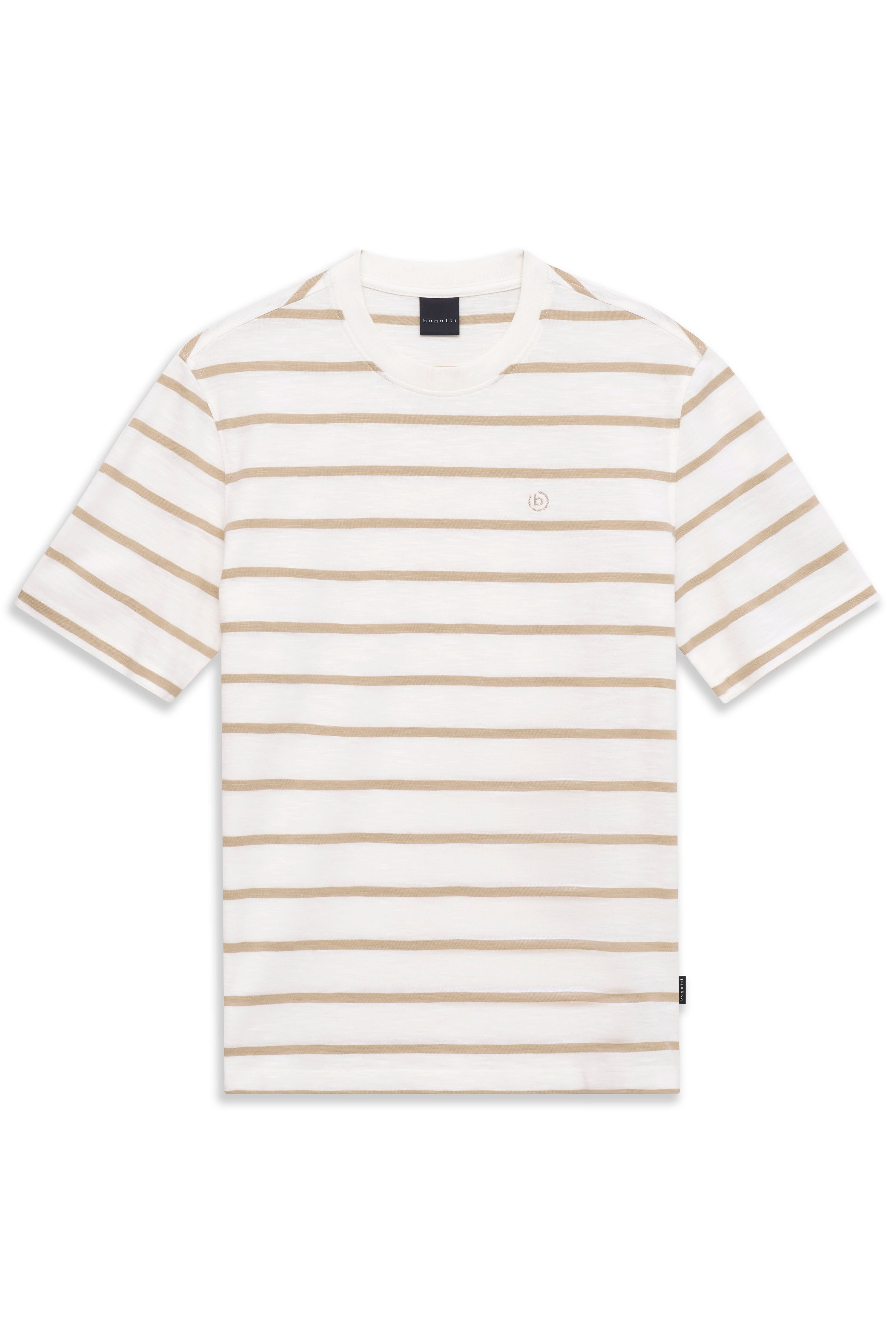 bugatti gestreiftes T-Shirt in Beige und Weiß auf weißem Hintergrund, Büstenbild.
