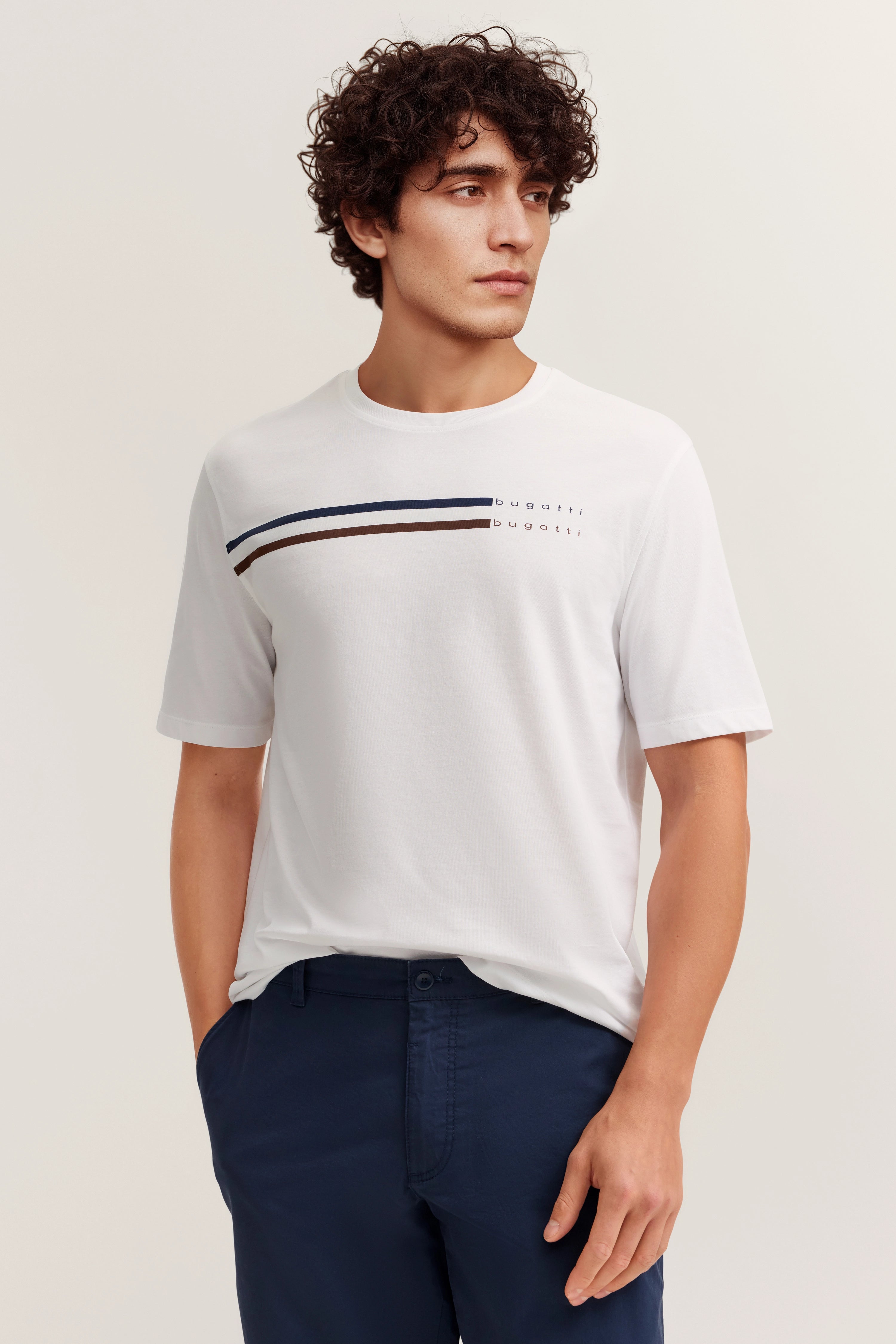 bugatti men's modern fit cotton T-shirt with print and round neck made of high-quality cotton in modern fit in white