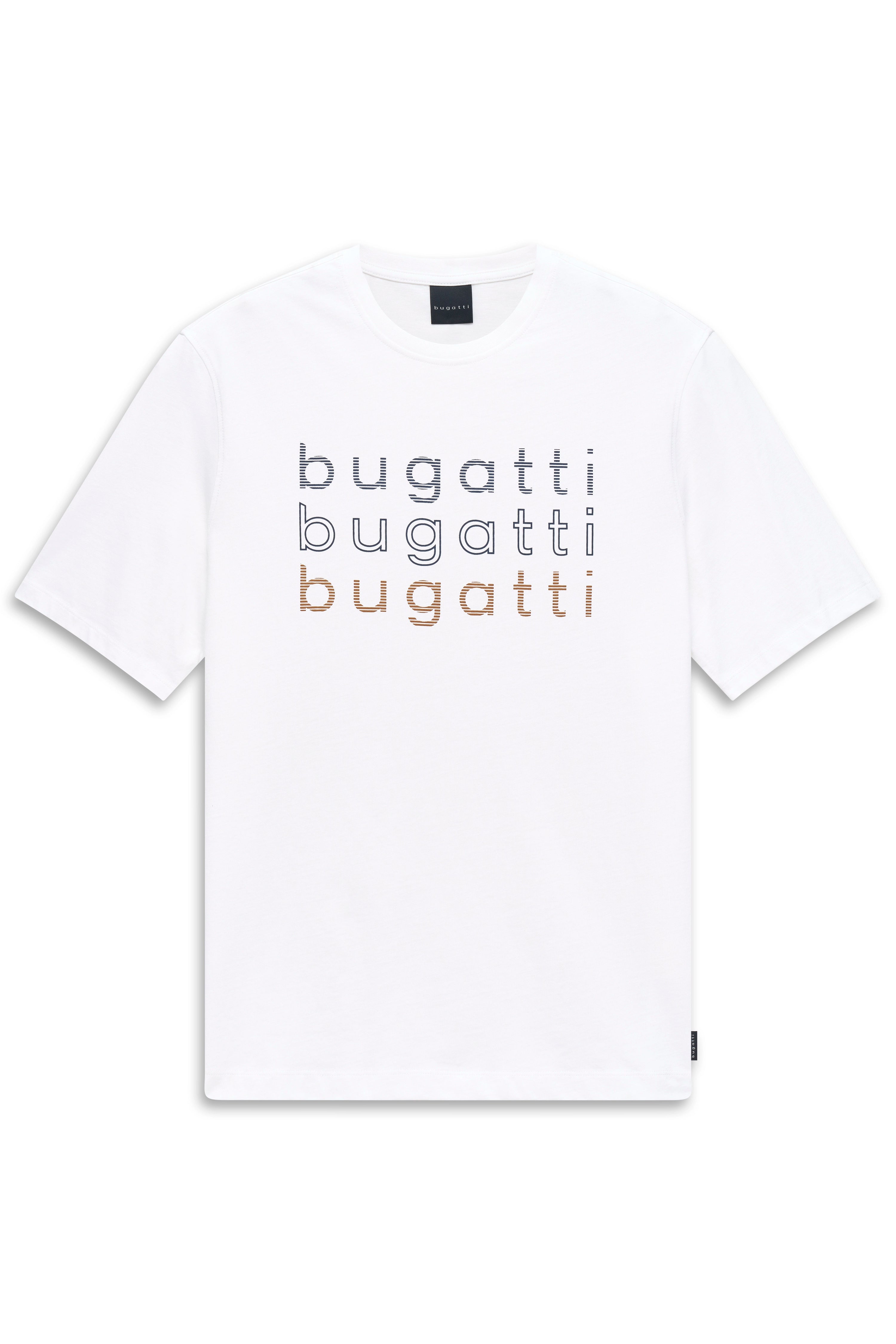 Weißes T-Shirt mit mehrfarbigem "bugatti" Schriftzug, Büstenbild.