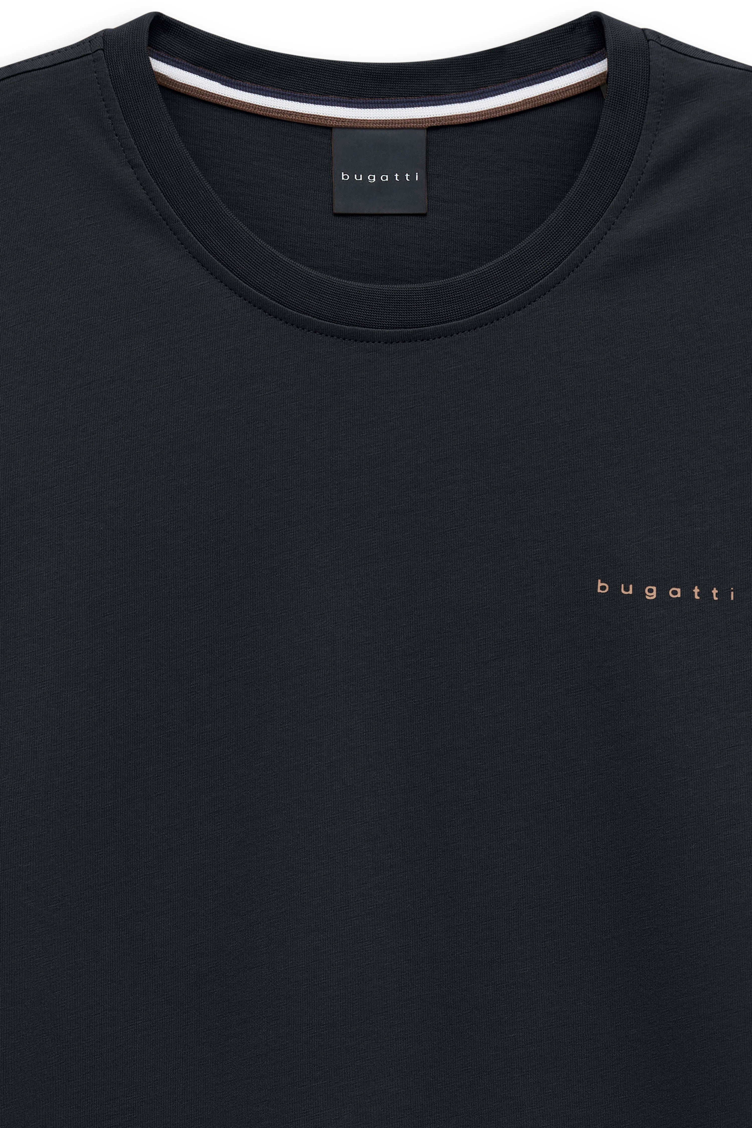 Schwarzes bugatti T-Shirt, minimalistisches Design, Büstenbild.