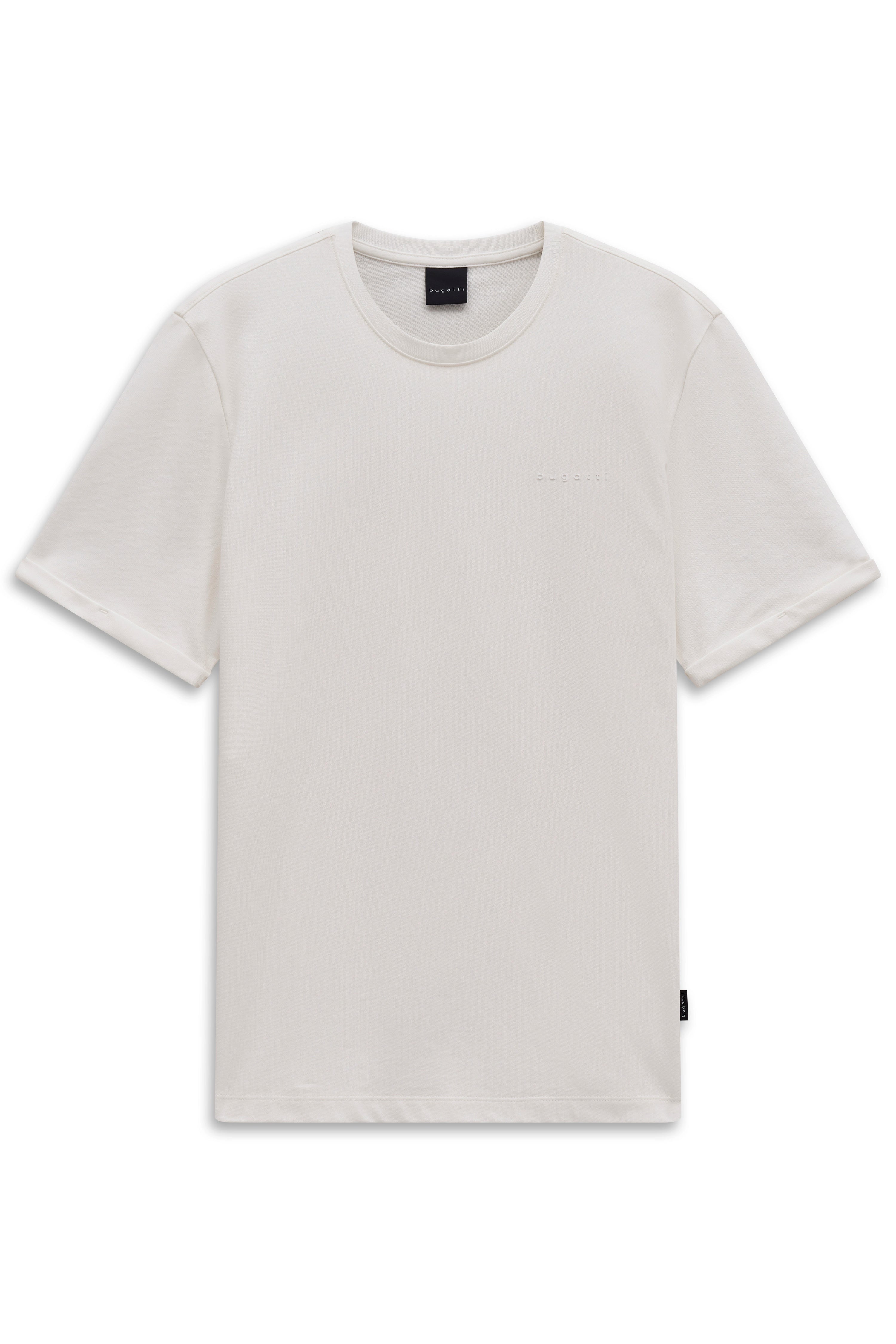 Weißes bugatti T-Shirt, schlichtes Design, Büstenbild.