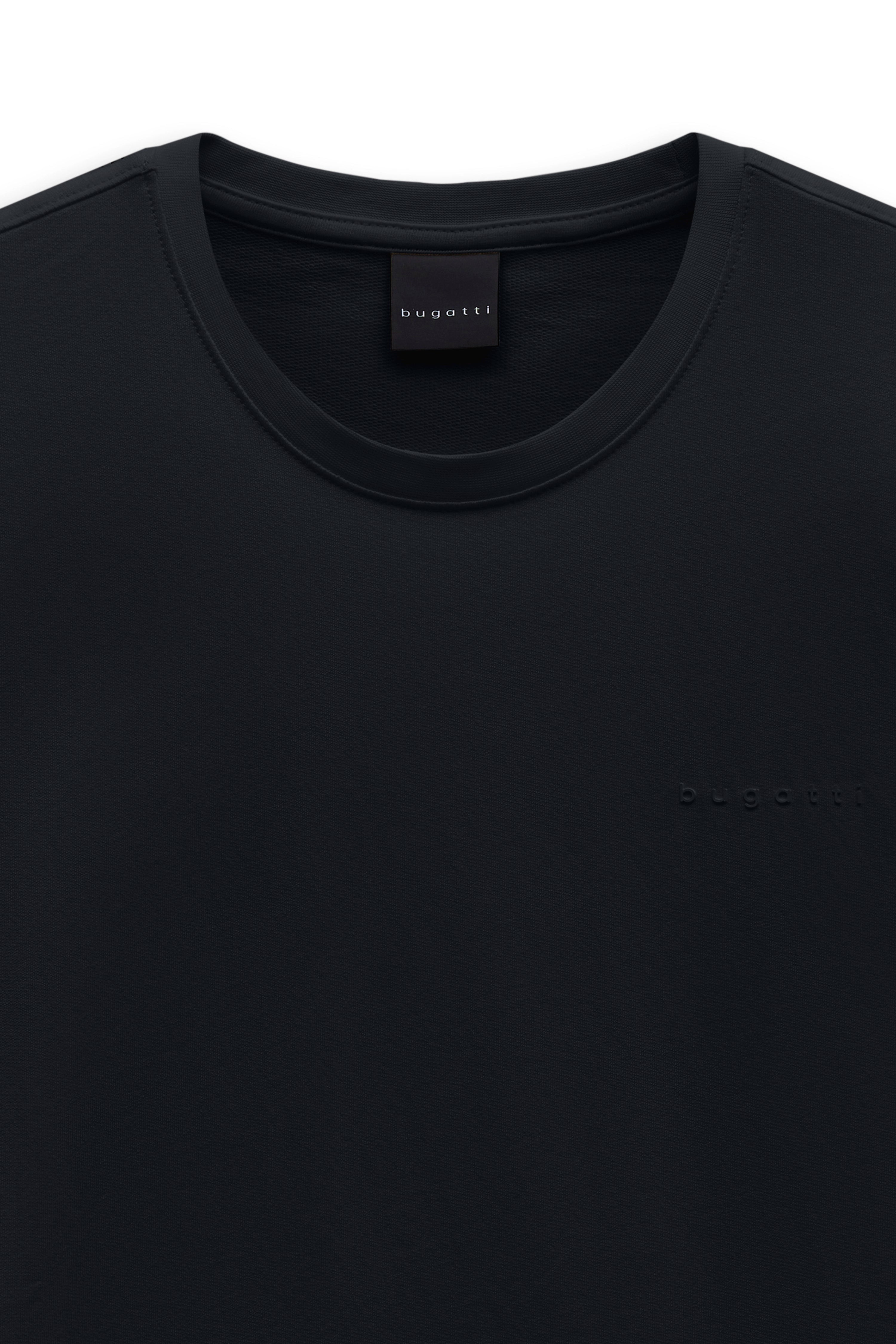 Schwarzes bugatti T-Shirt, schlichtes Design, Büstenbild, hochwertiger Stoff.