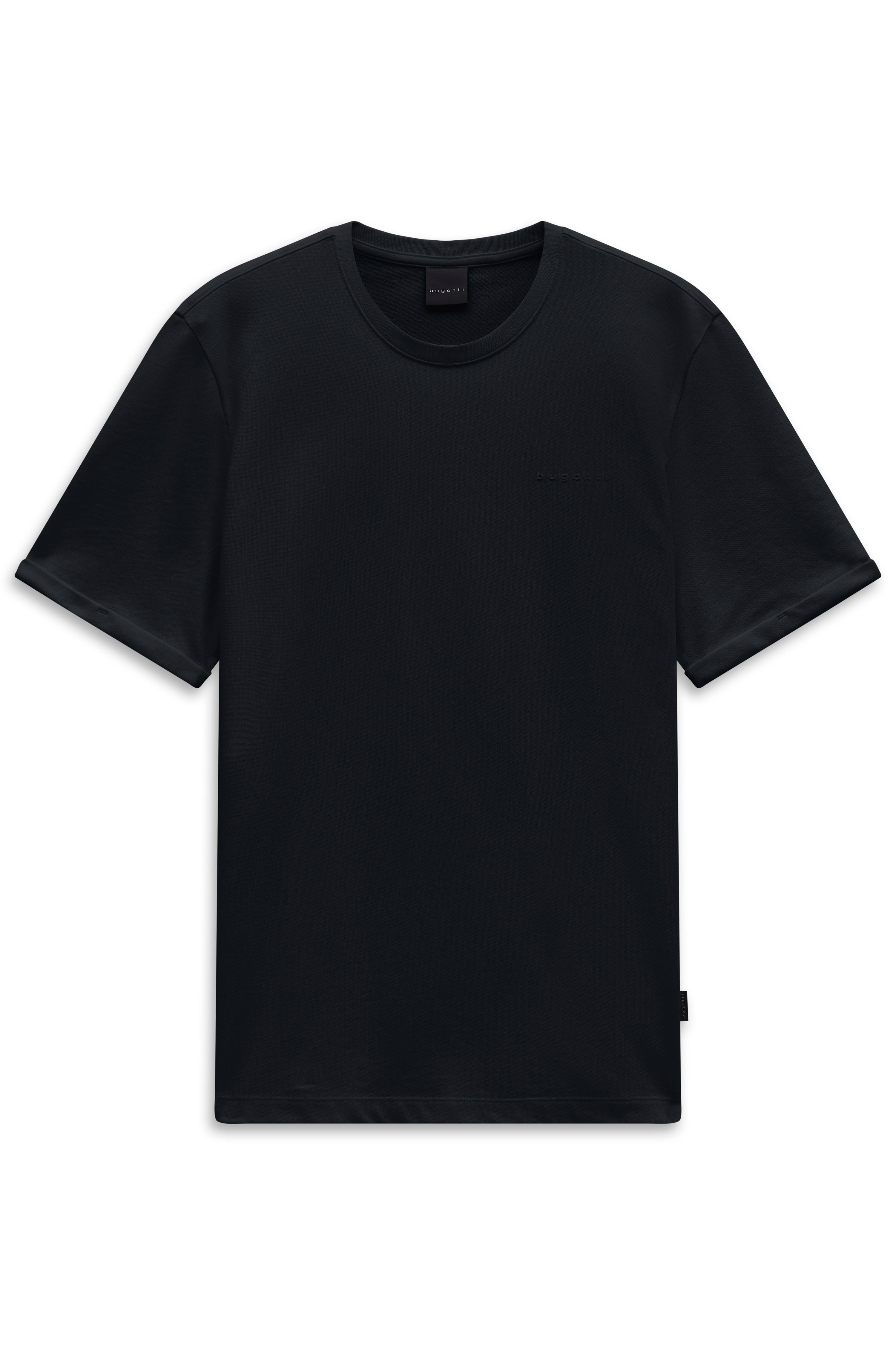 Schwarzes bugatti T-Shirt, legeres Büstenbild, schlichtes Design.