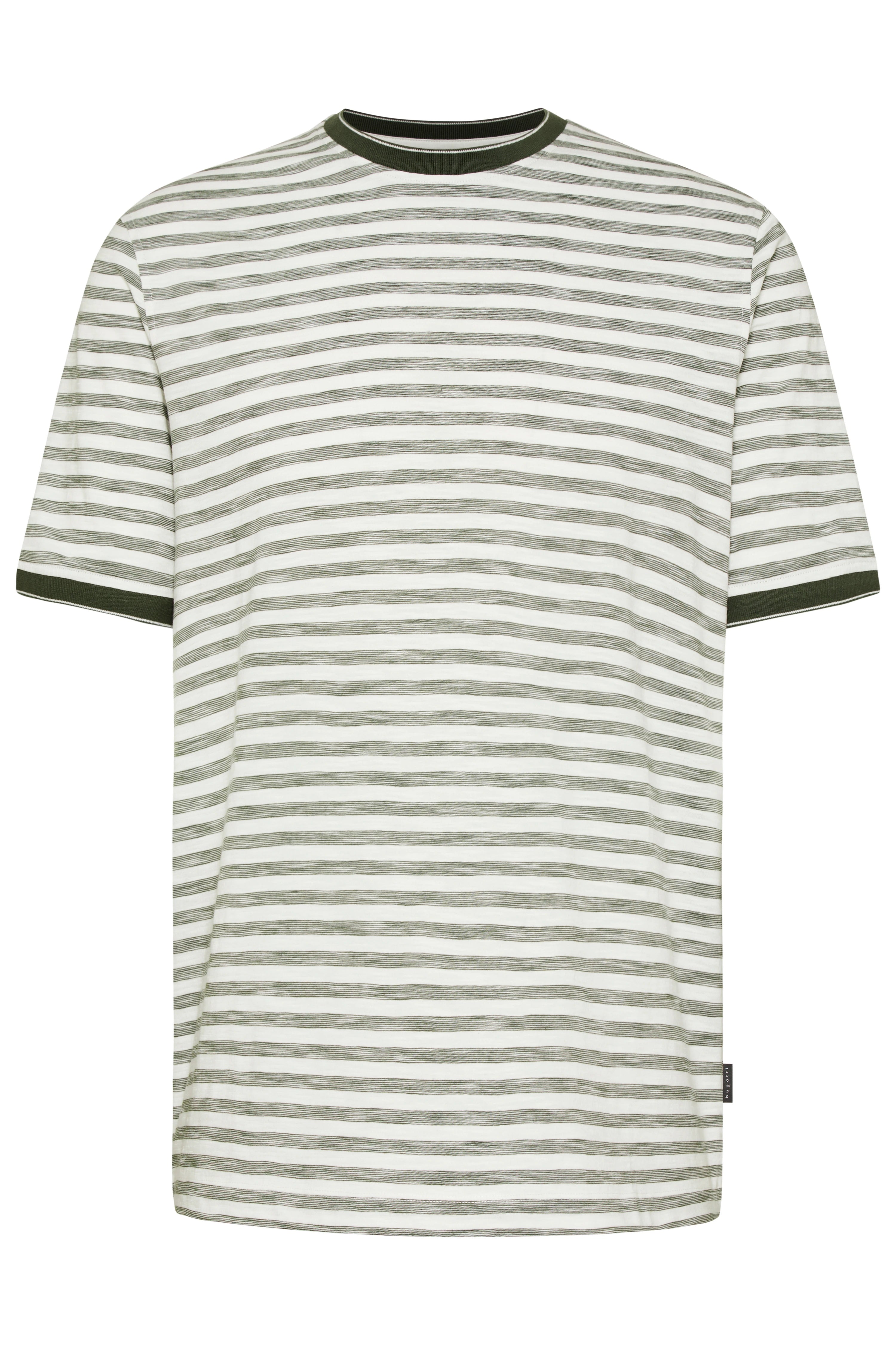Striped bugatti T-shirt in white and olive, bust view, classic style.
