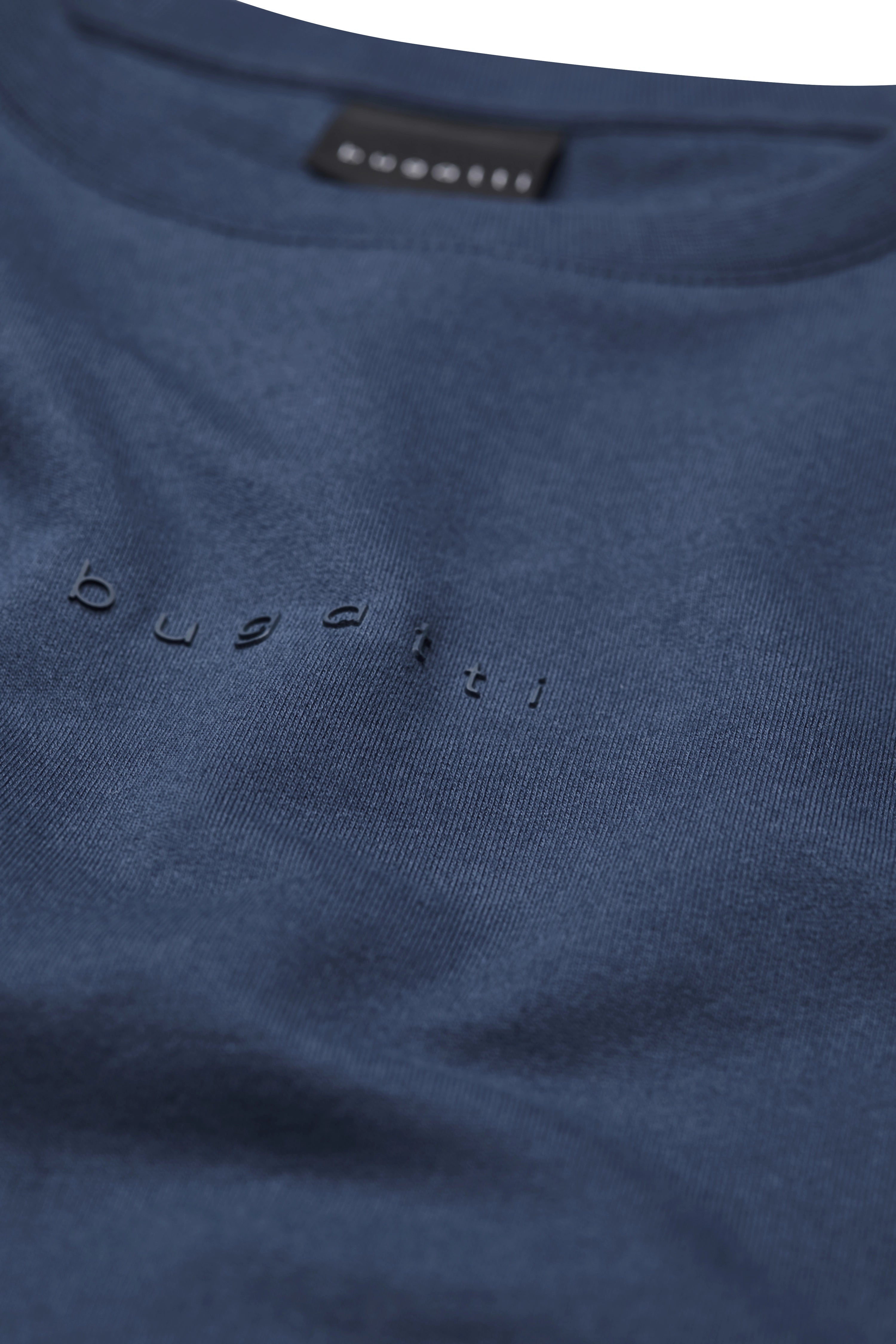 Blue bugatti T-shirt, close-up with subtle logo, soft fabric, casual design.