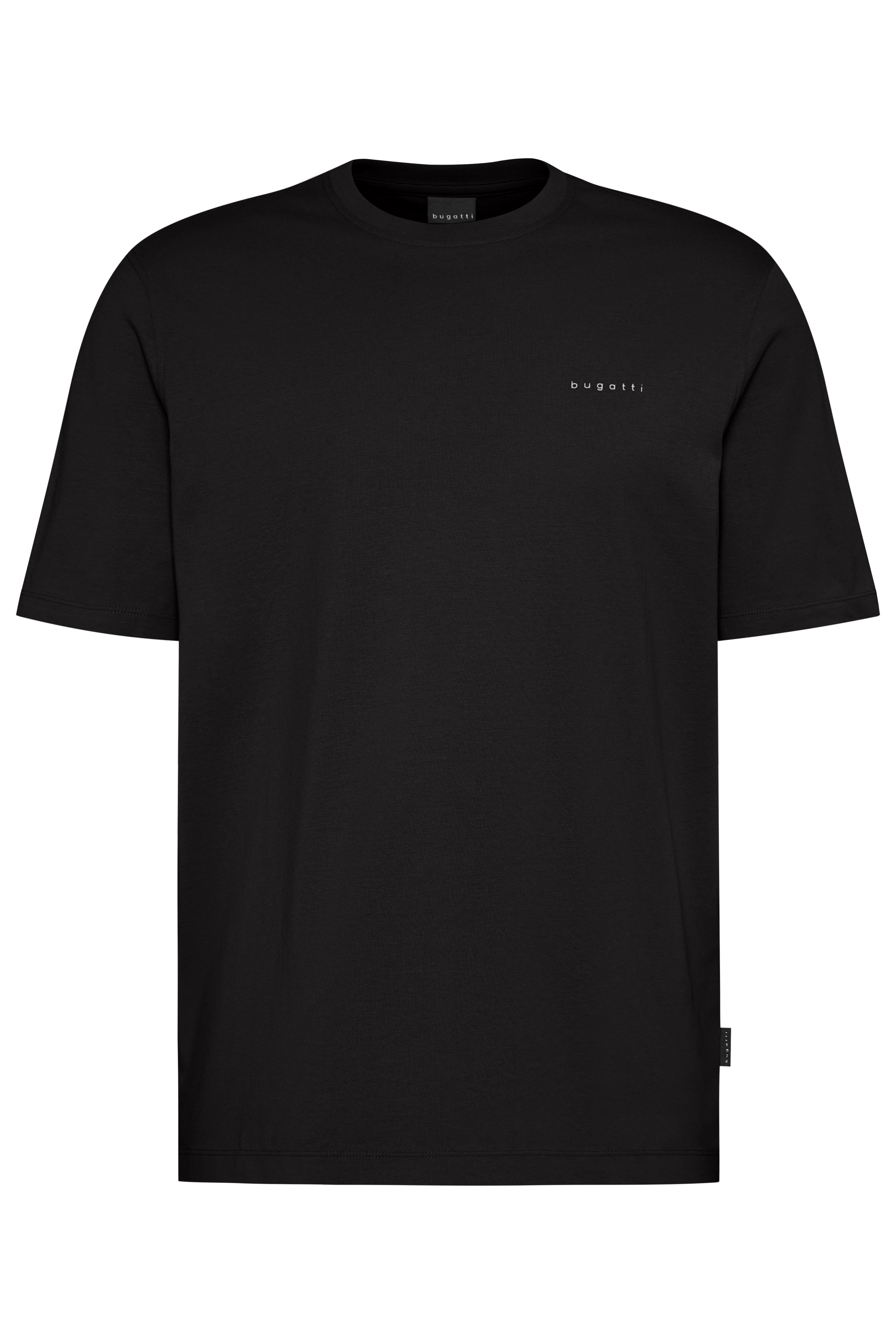Schwarzes bugatti T-Shirt, schlichtes Design, Büstenansicht.
