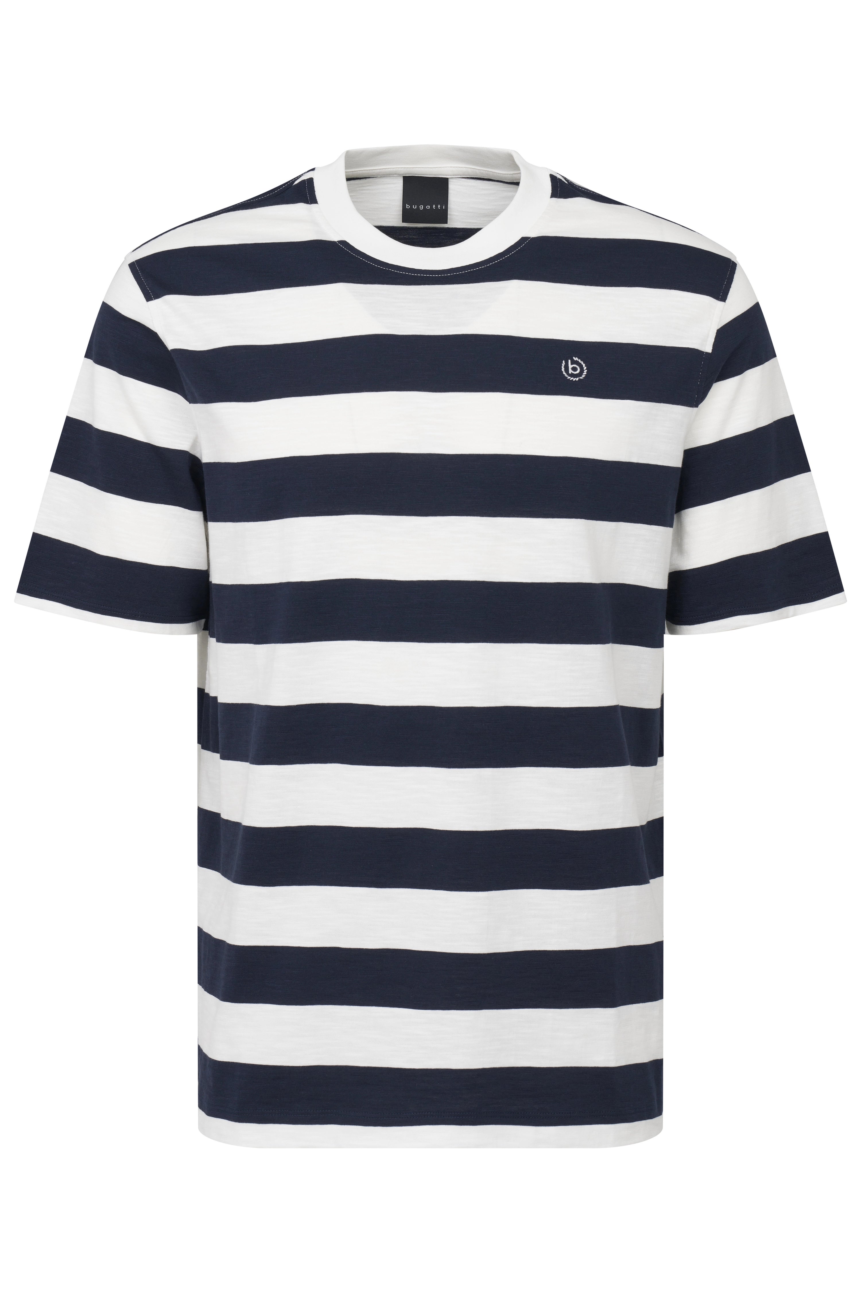 Man in striped black and white bugatti T-shirt and beige cargo shorts from behind.