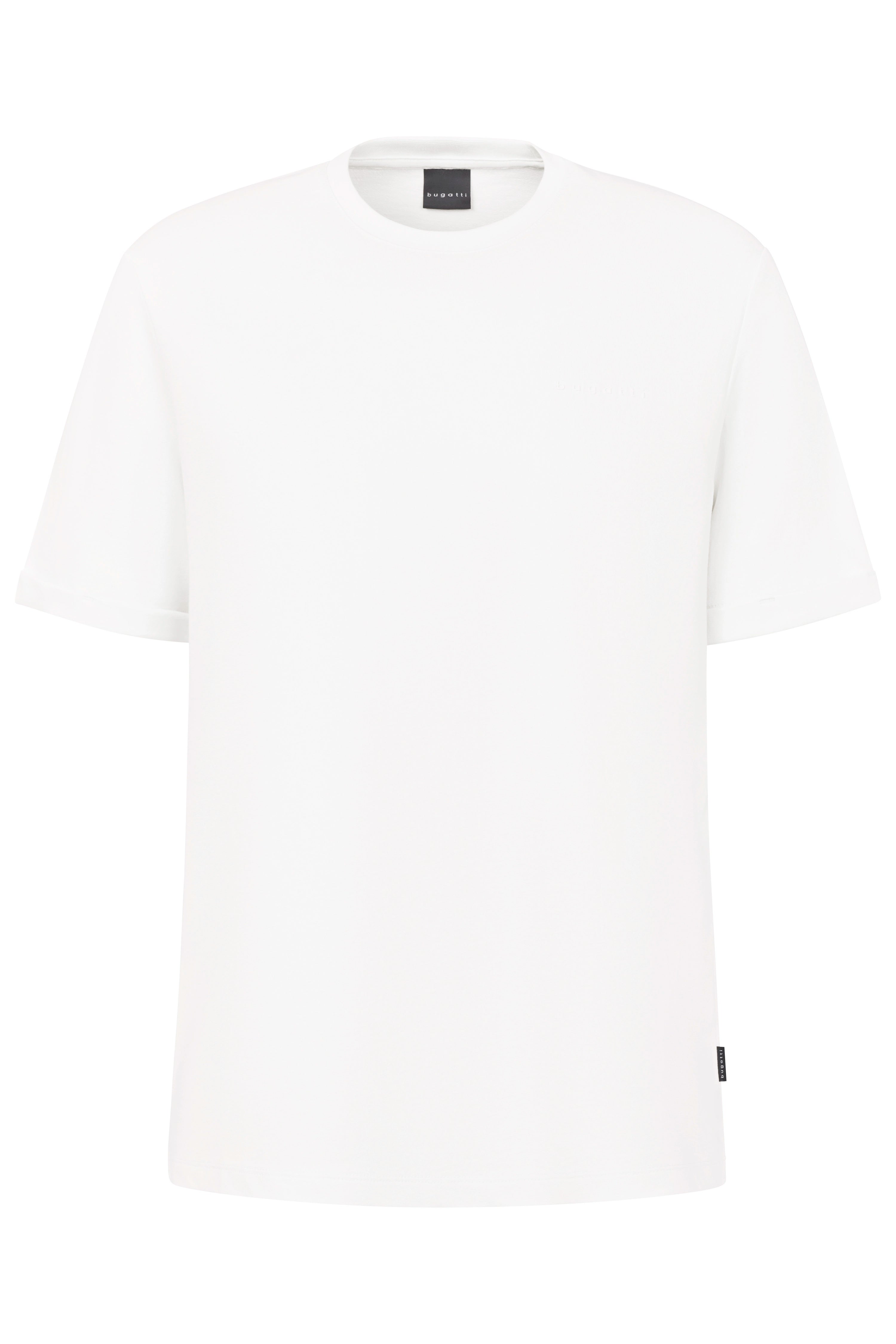 White bugatti T-shirt, casual bust image, classic style, timeless elegance.