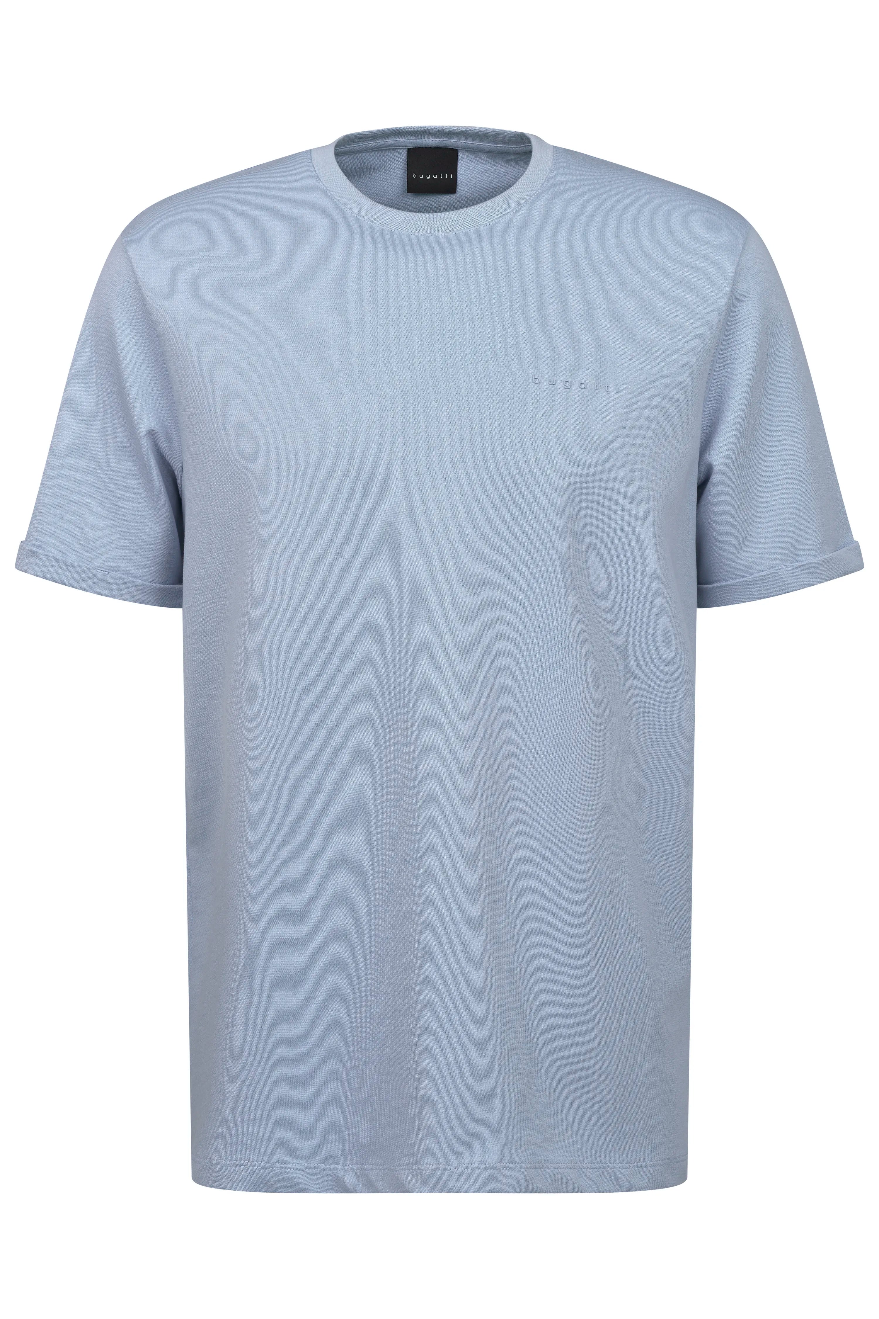 Light blue bugatti T-shirt, bust shot, minimalist design, classic fit, elegant style.
