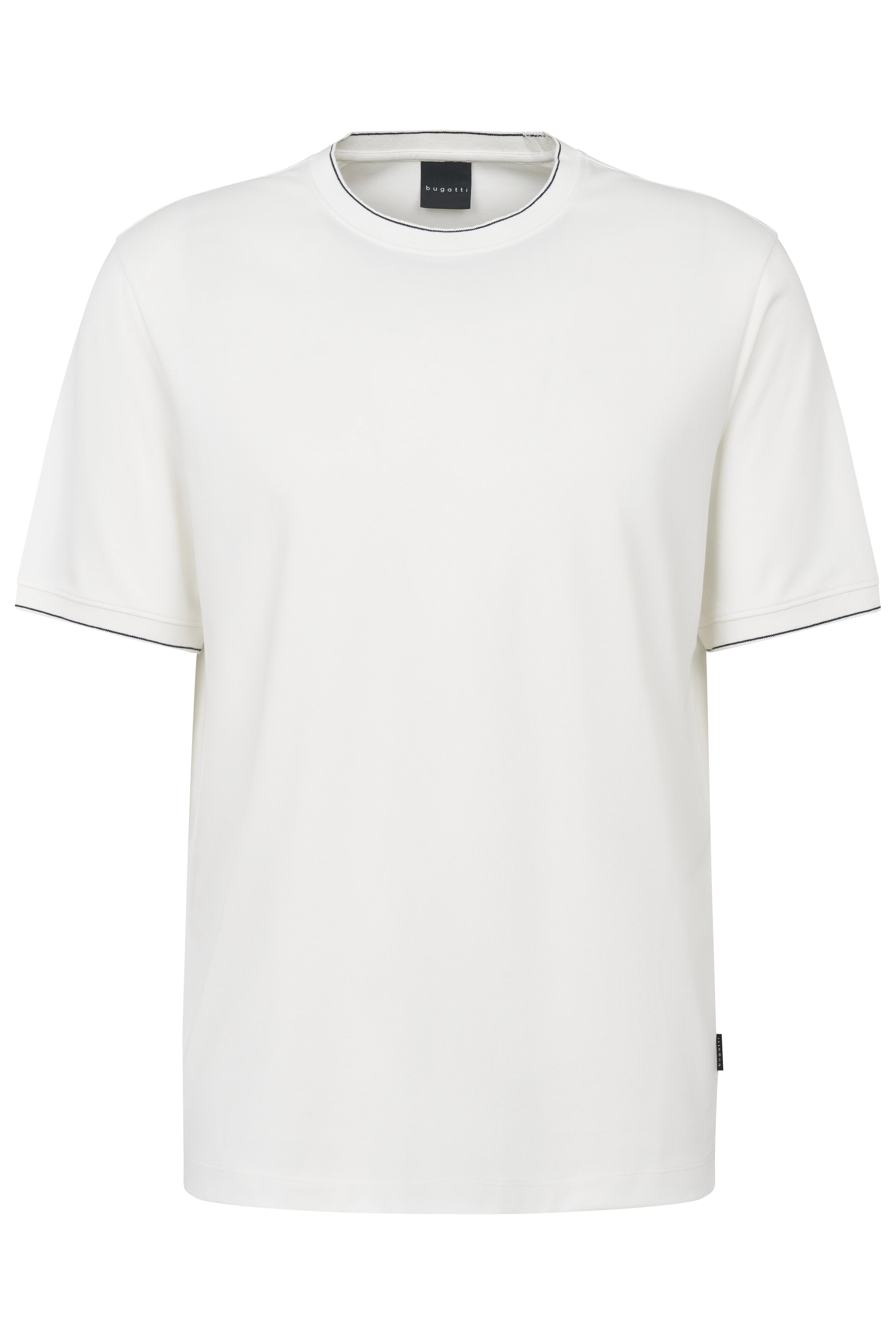 White bugatti T-shirt, casual bust image, simple design.