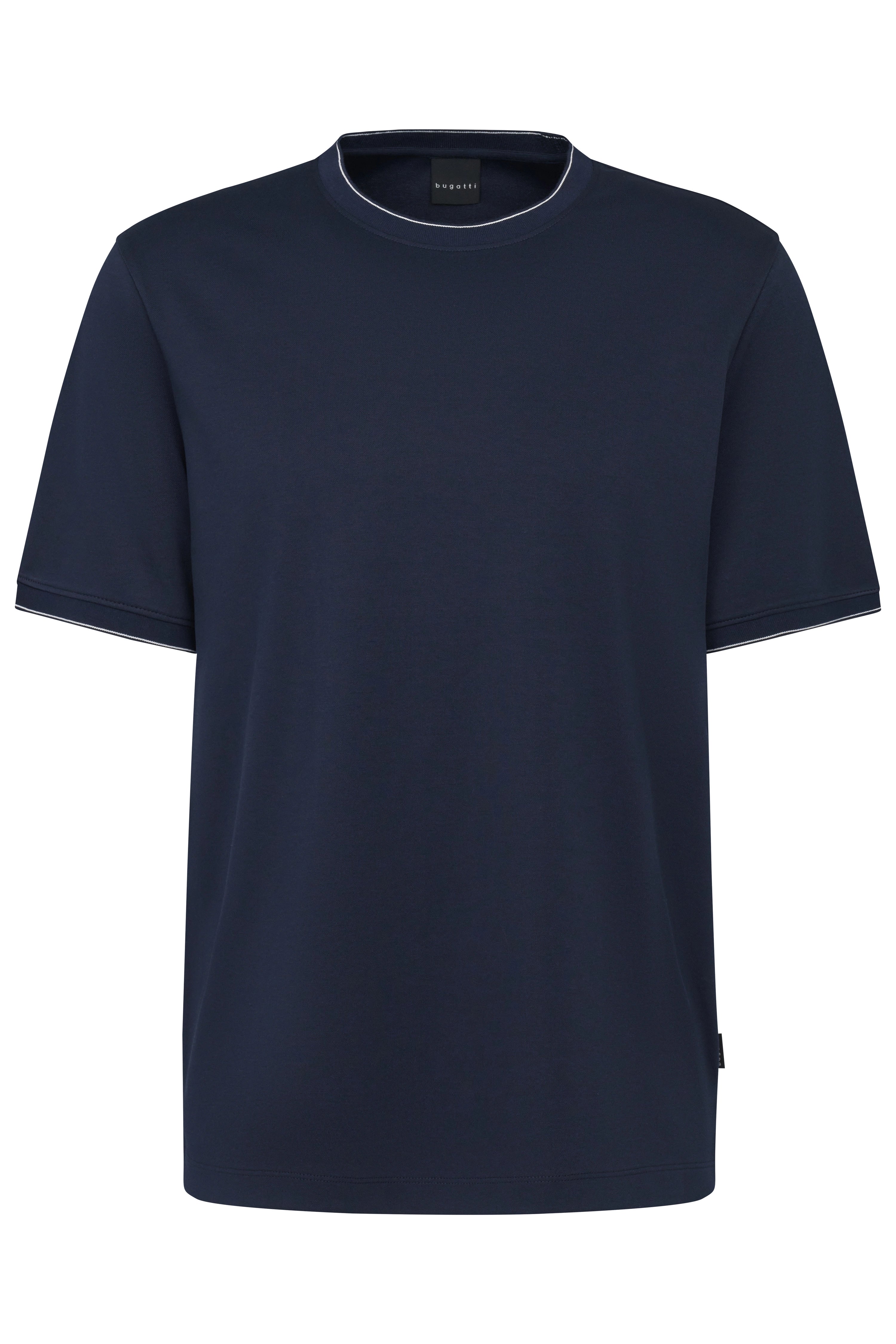 Navy T-shirt by bugatti, classic round neck, detail view.