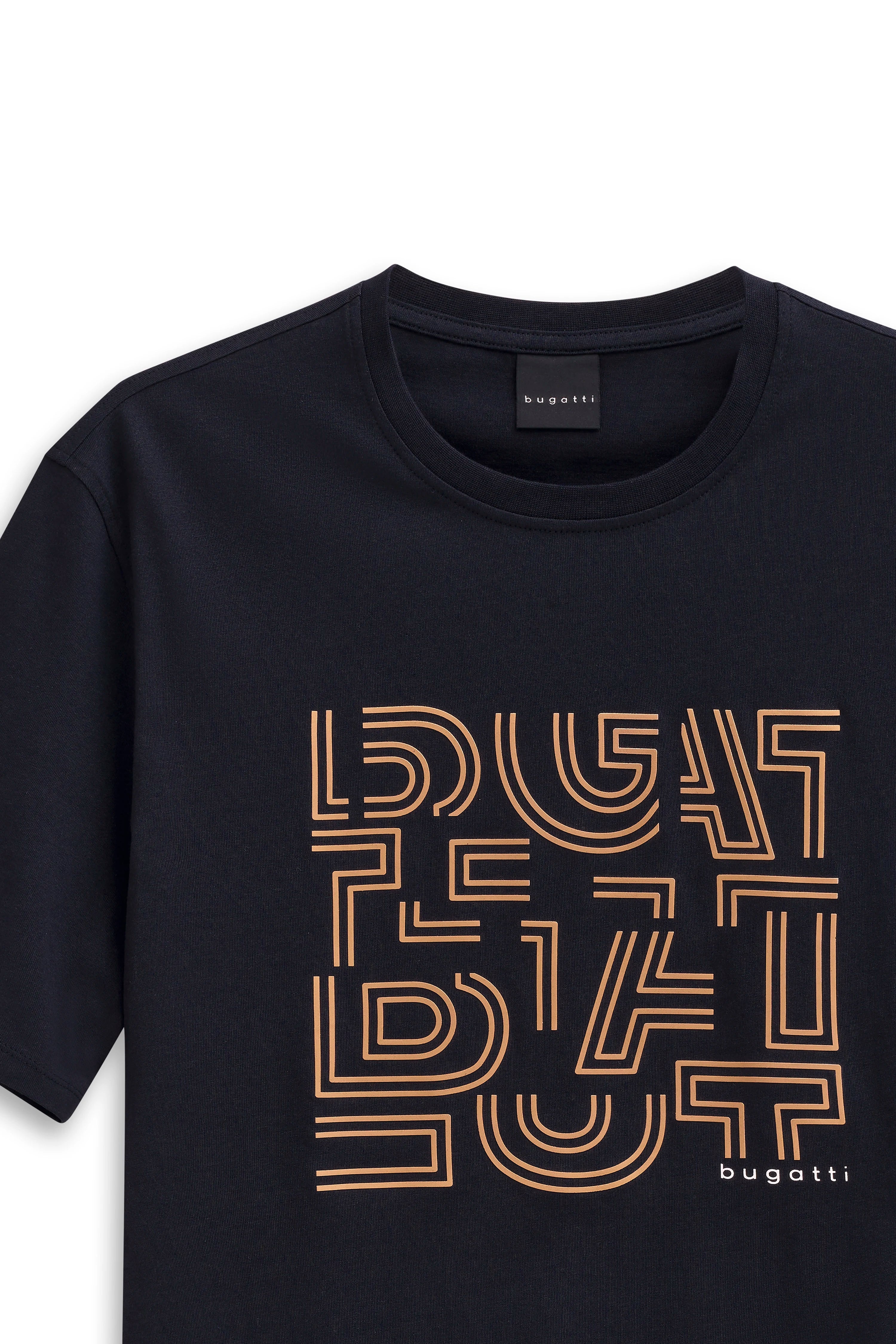 Dunkelblaues T-Shirt von bugatti mit geometrischem Print in Orange, Büstenansicht.
