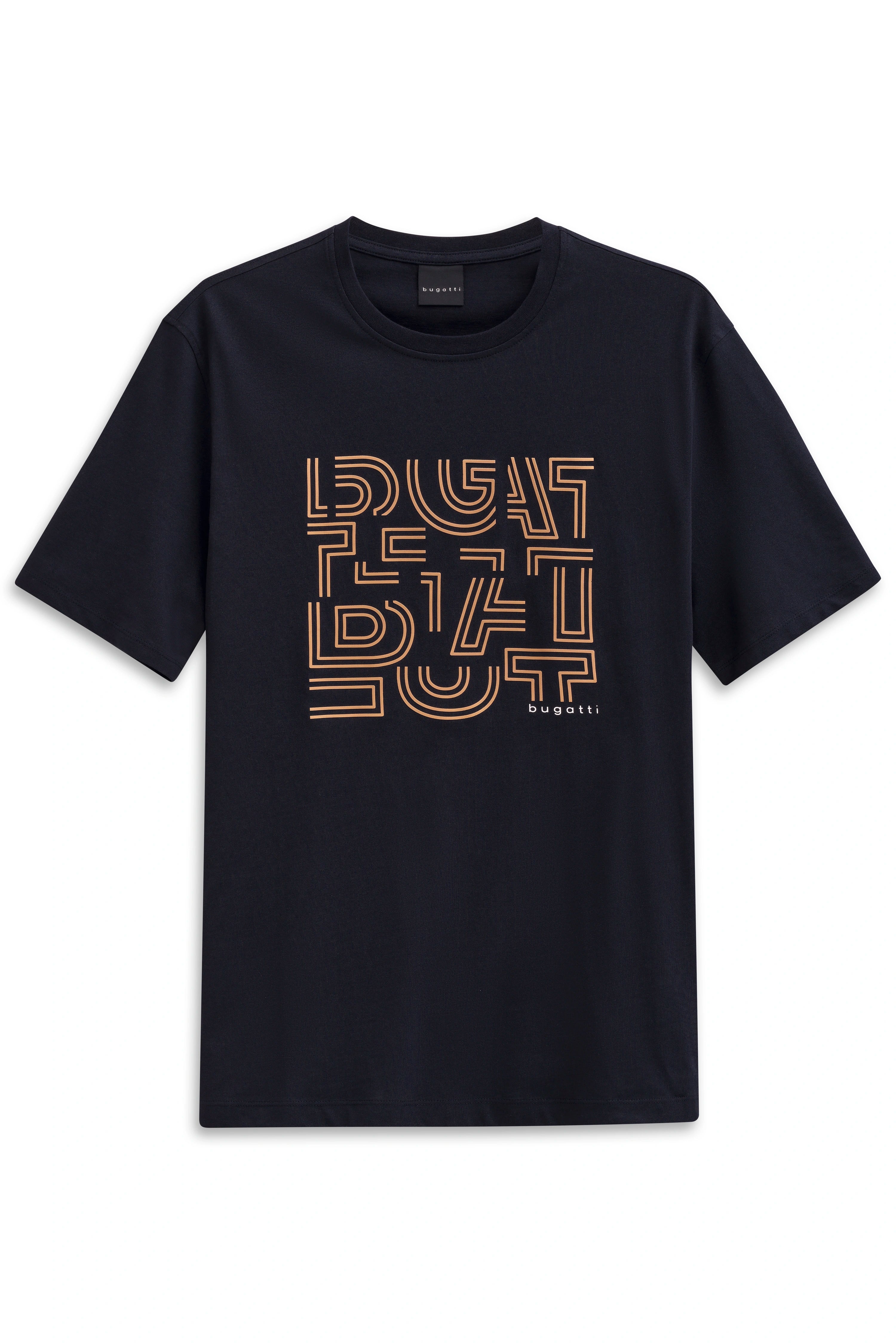 Black bugatti T-shirt with orange graphic print, casually styled.