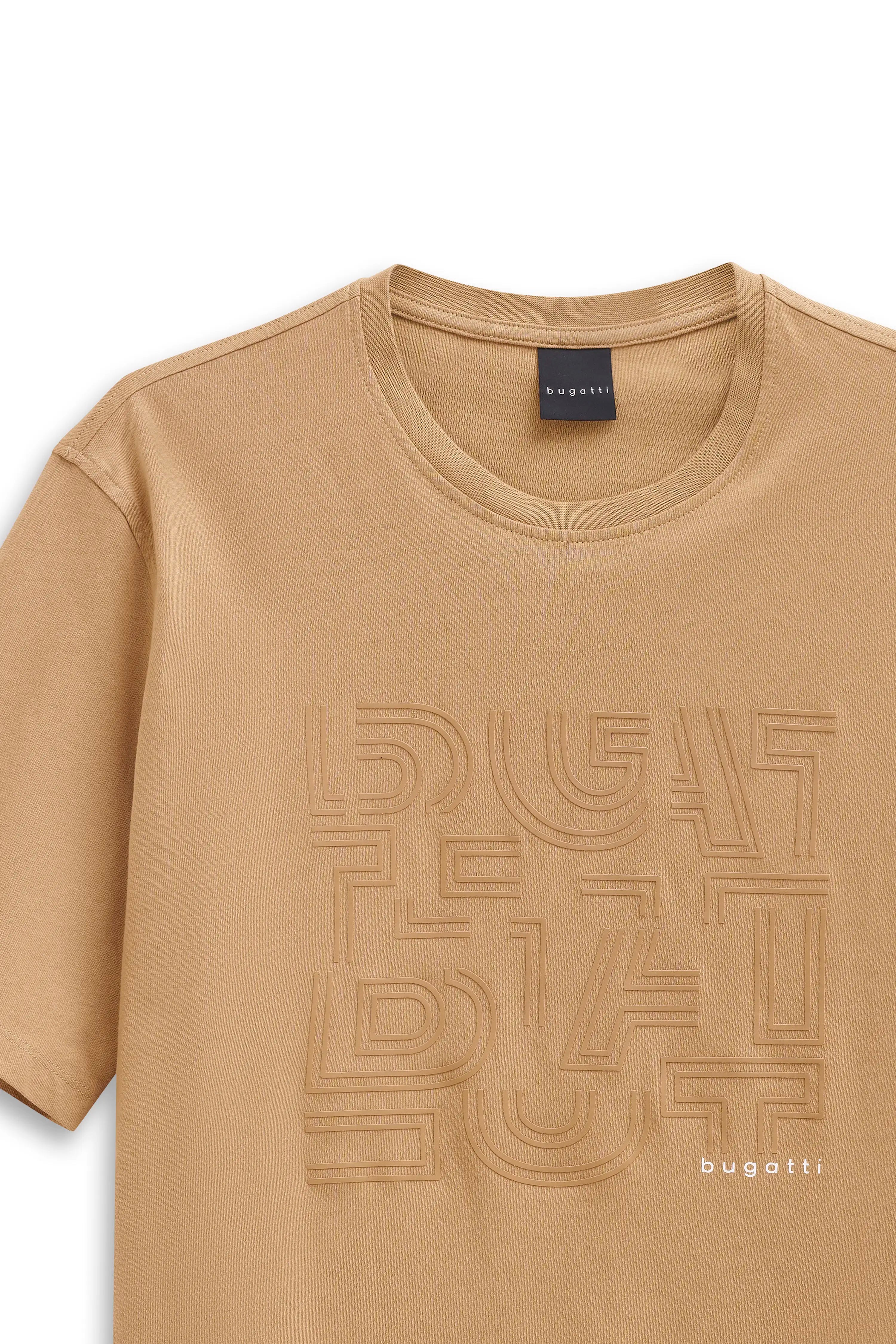 Beige bugatti T-shirt with embossed pattern, bust shot.
