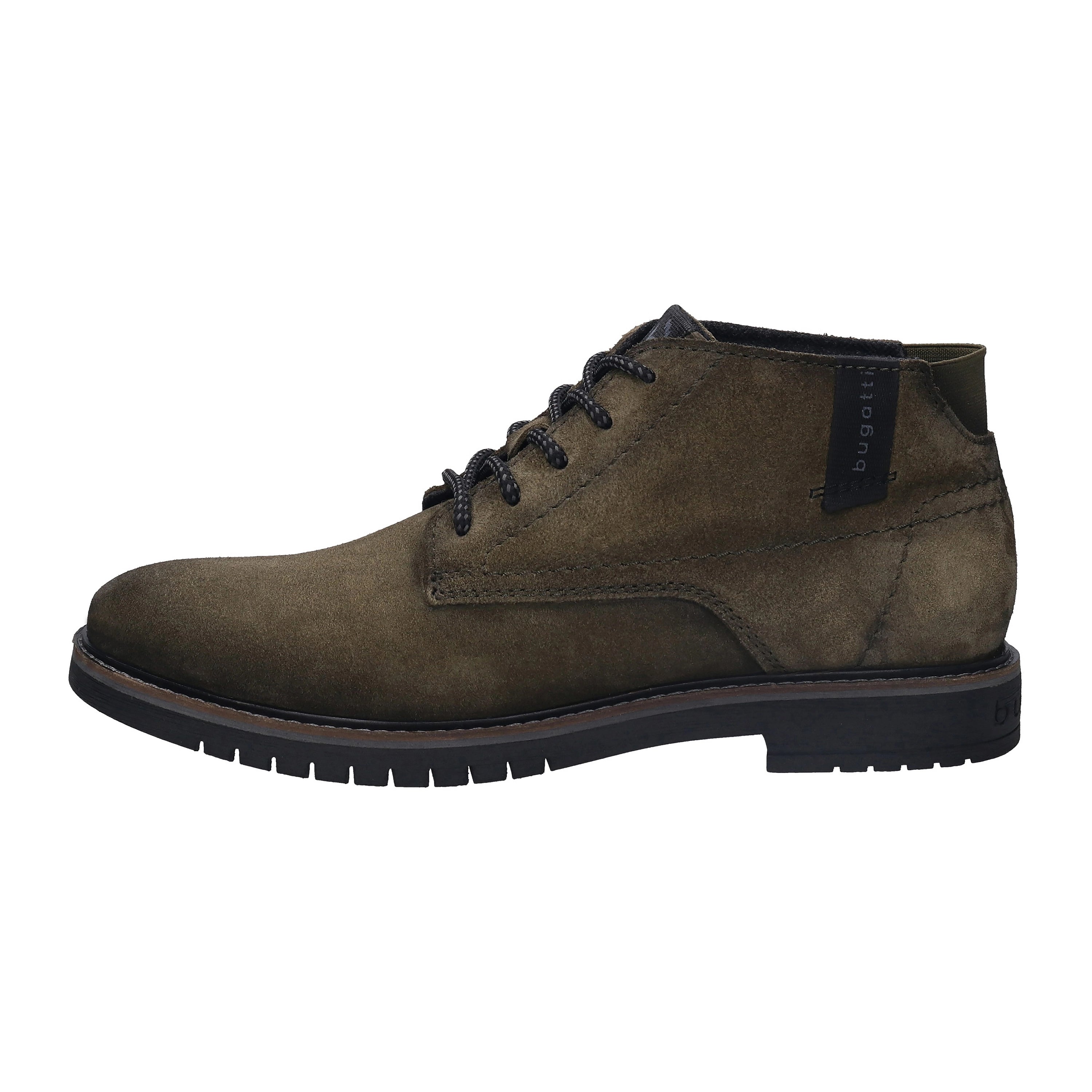 bugatti brown leather shoe, side view, robust design, lacing, casual elegance.